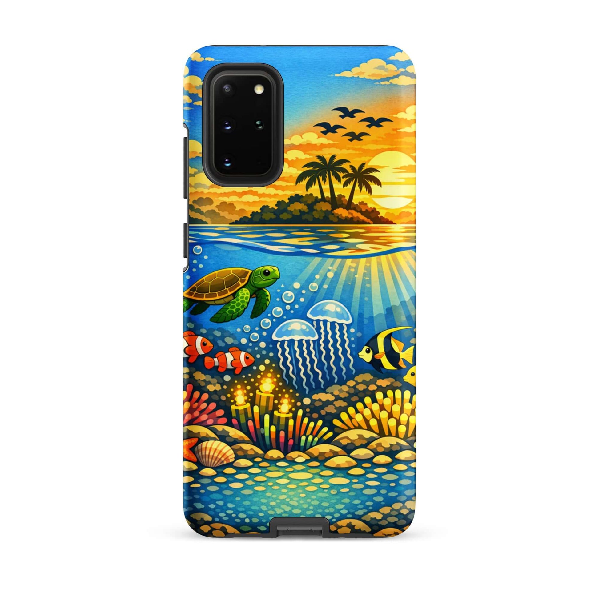 Phone Case for Samsung Galaxy showcasing tropical sunset and underwater reef with sea turtles and vibrant coral.