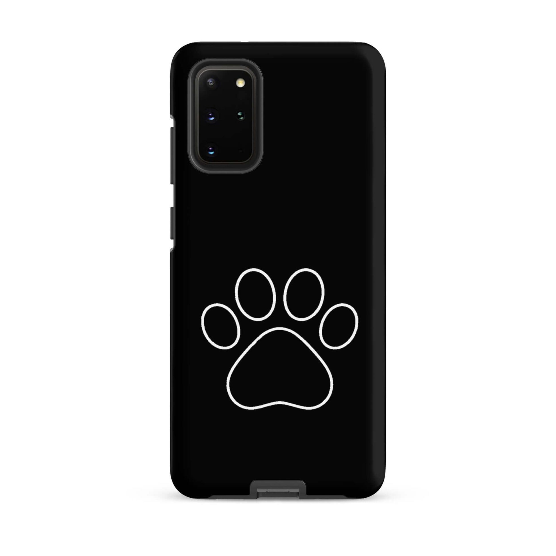 Phone Case for Samsung Galaxy with minimalist white paw print design on black background.