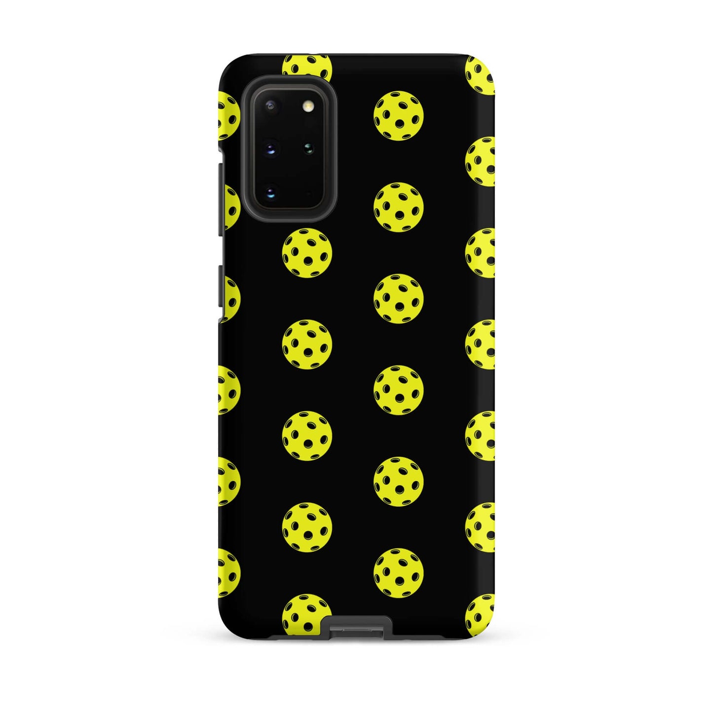 Phone Case for Samsung Galaxy with a playful pickleball pattern on a black background.