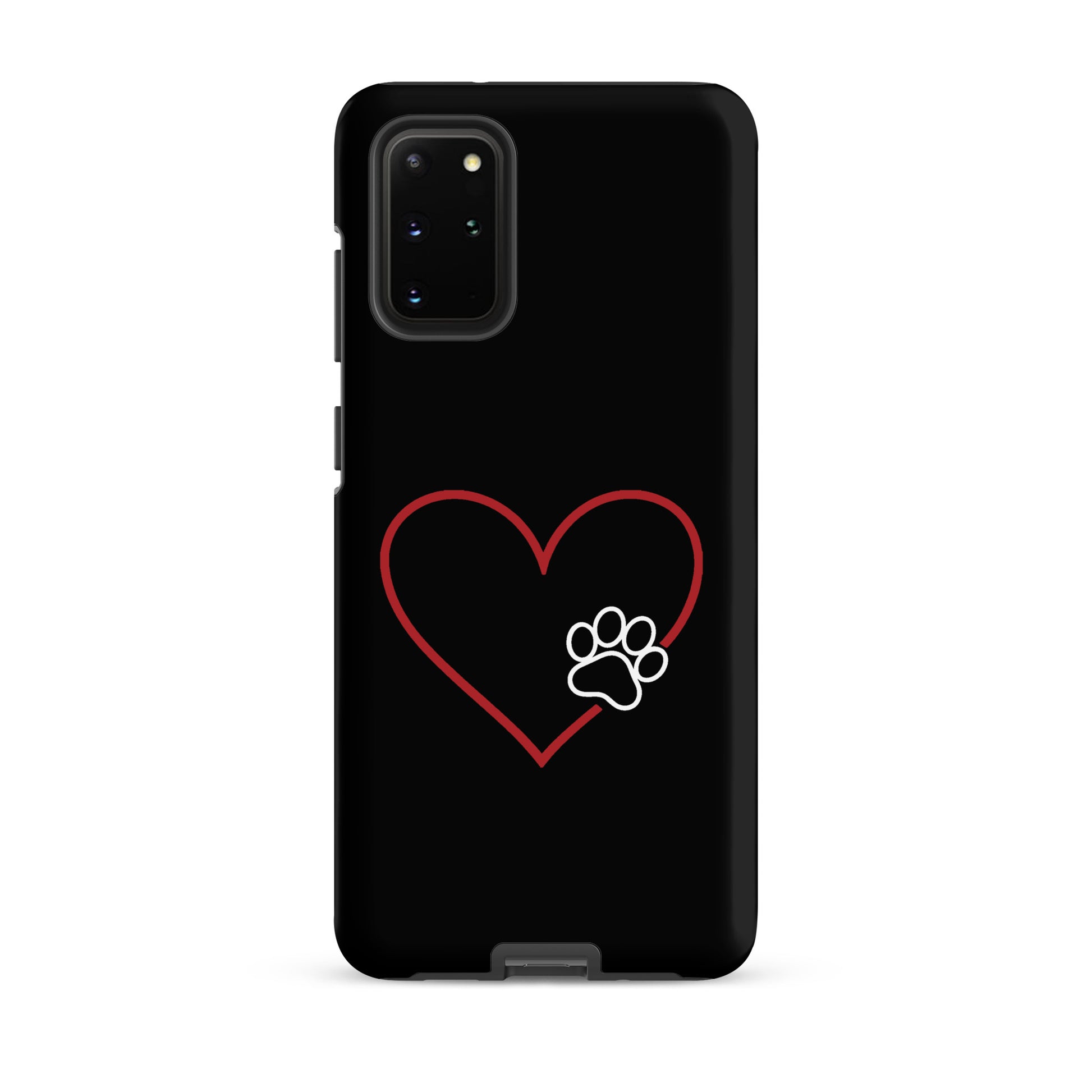 Phone Case for Samsung Galaxy with heart and paw print design in black and red, symbolizing pet love and protection.