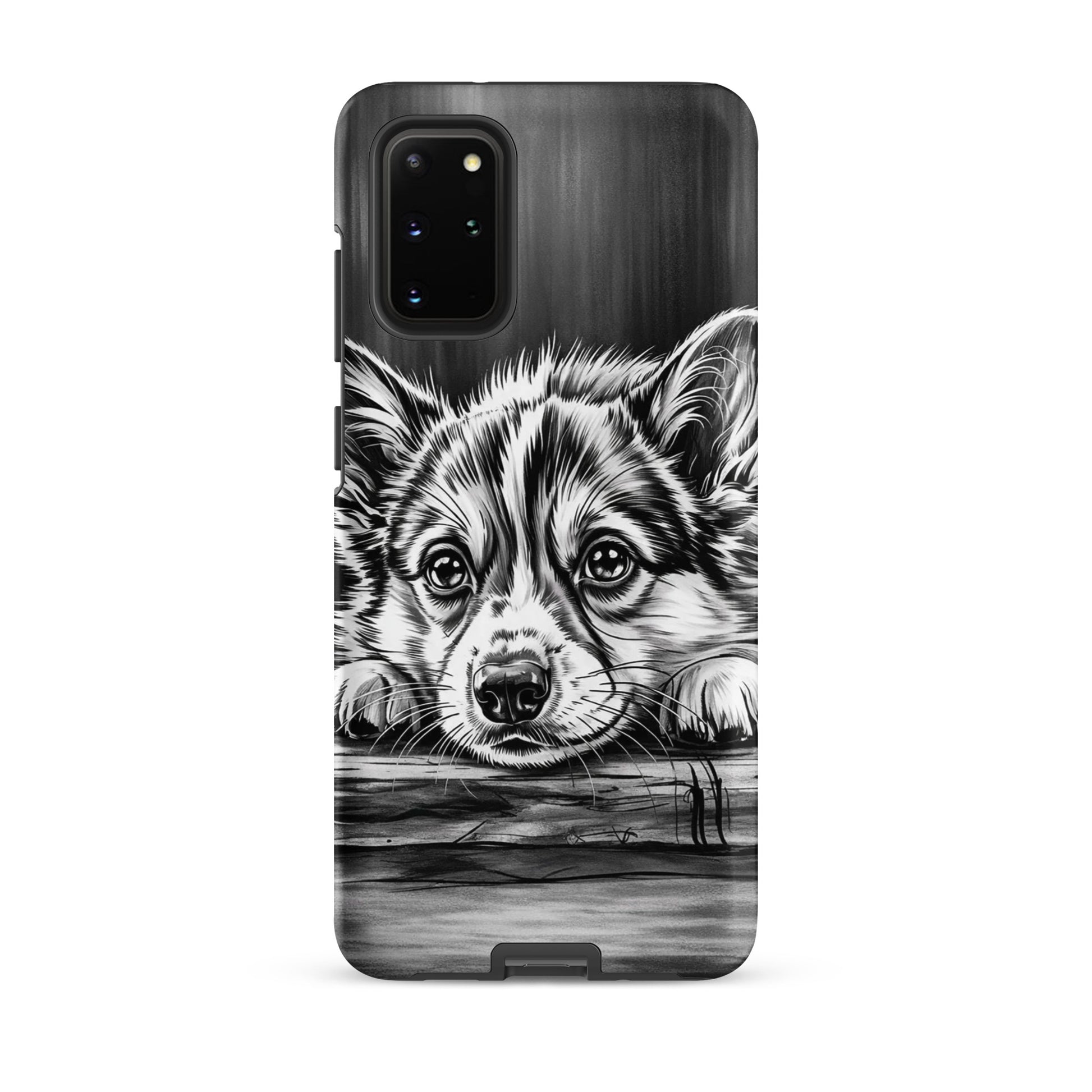 Phone Case for Samsung Galaxy featuring elegant black-and-white puppy art on wood texture for premium protection.