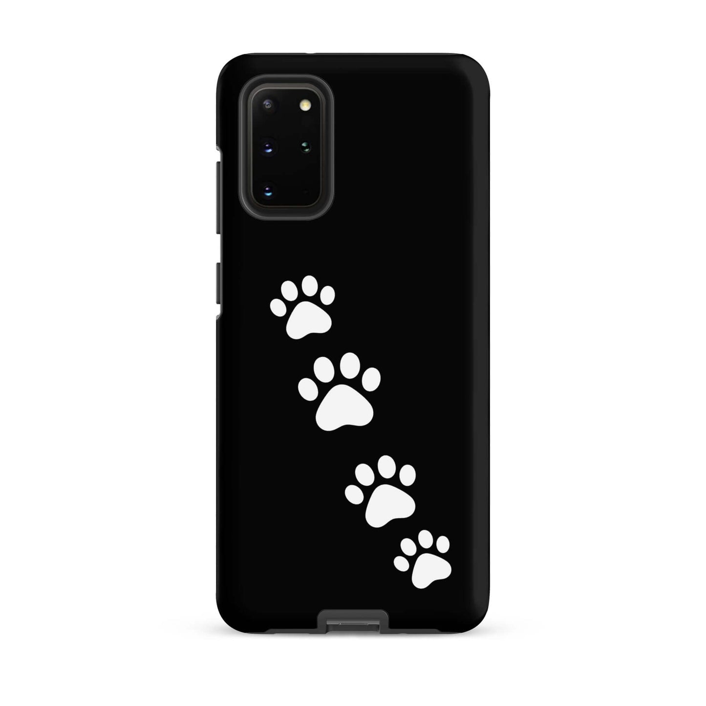 Phone case with white paw prints for playful pet lovers on a sleek black background, compatible with Samsung Galaxy.
