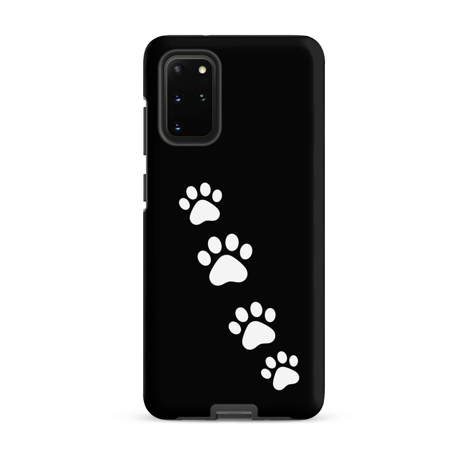 Phone case with white paw prints for playful pet lovers on a sleek black background, compatible with Samsung Galaxy.