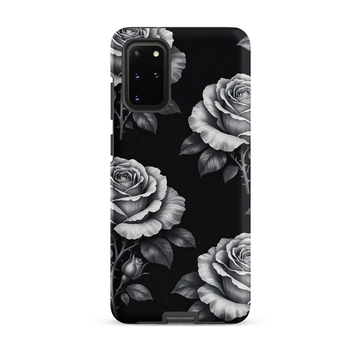 Phone Case for Samsung Galaxy featuring a black background with elegant rose garden design in pencil-stencil style.