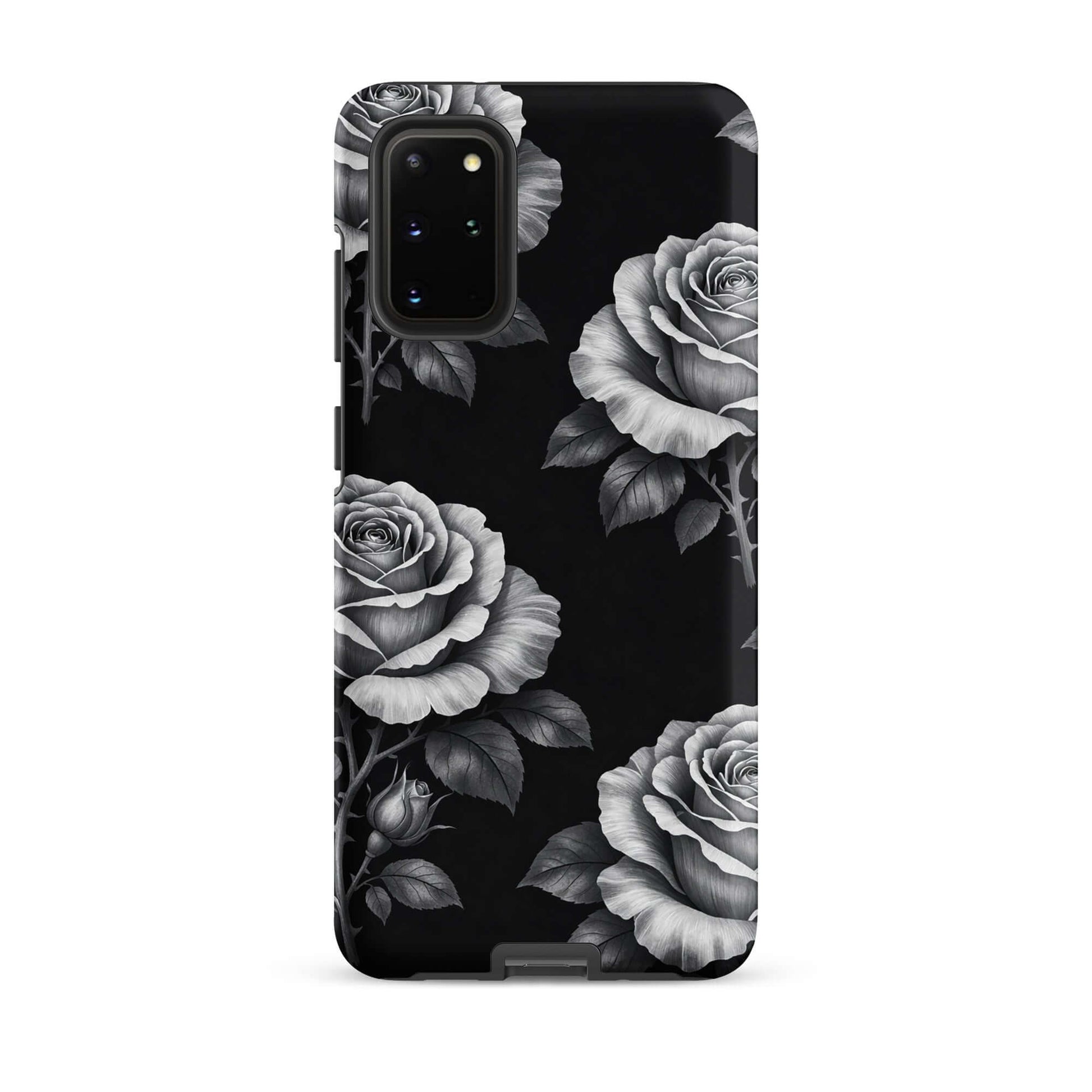 Phone Case for Samsung Galaxy featuring a black background with elegant rose garden design in pencil-stencil style.