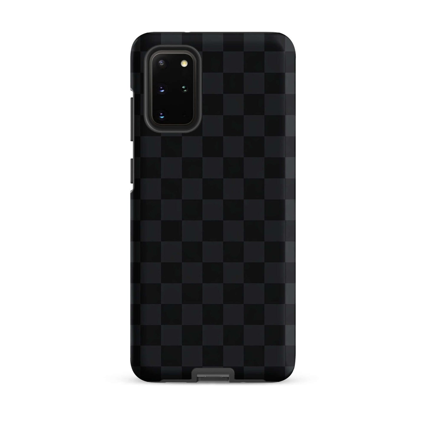 Phone Case with black and charcoal checkered design for Samsung Galaxy, sleek and modern protective accessory.