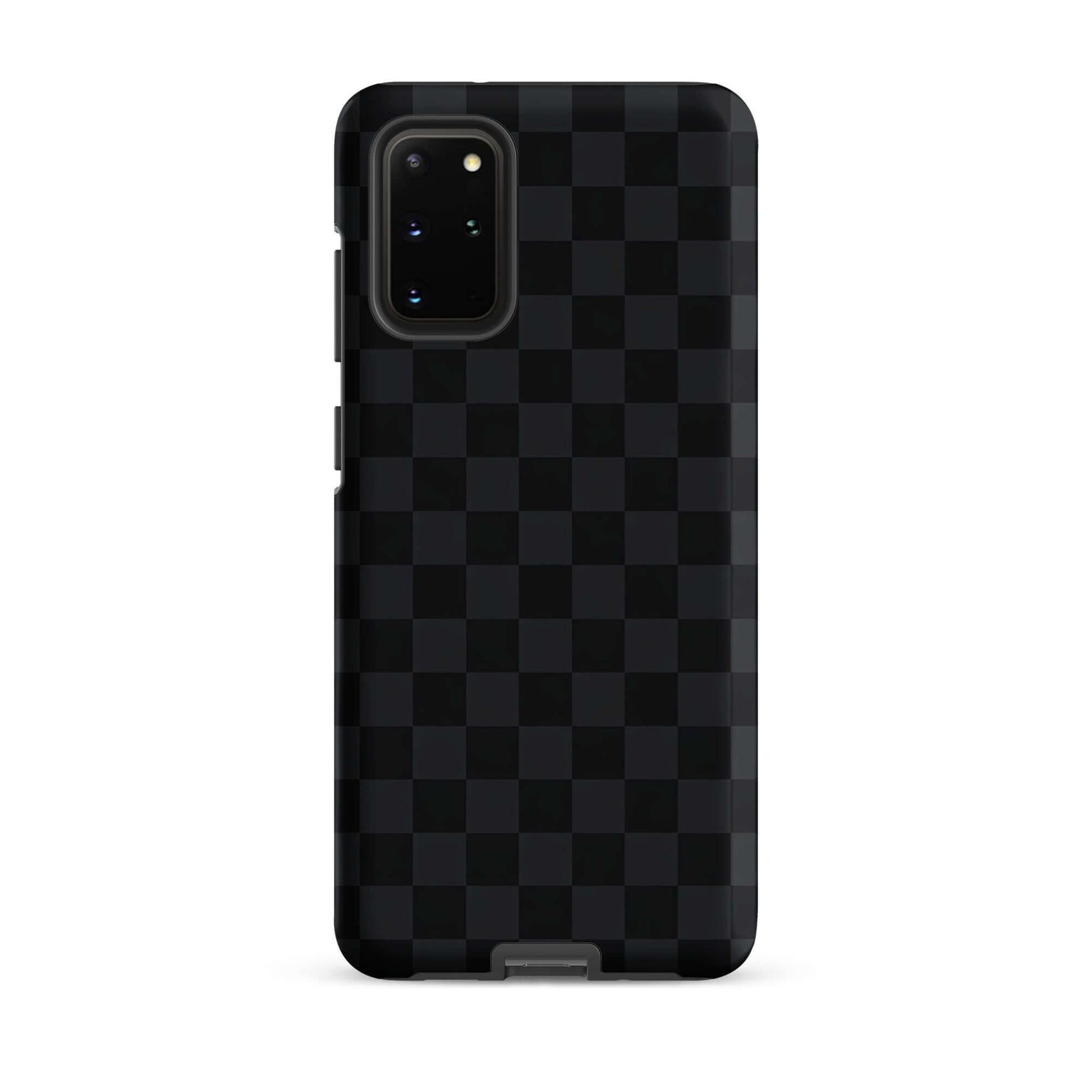 Phone Case with black and charcoal checkered design for Samsung Galaxy, sleek and modern protective accessory.