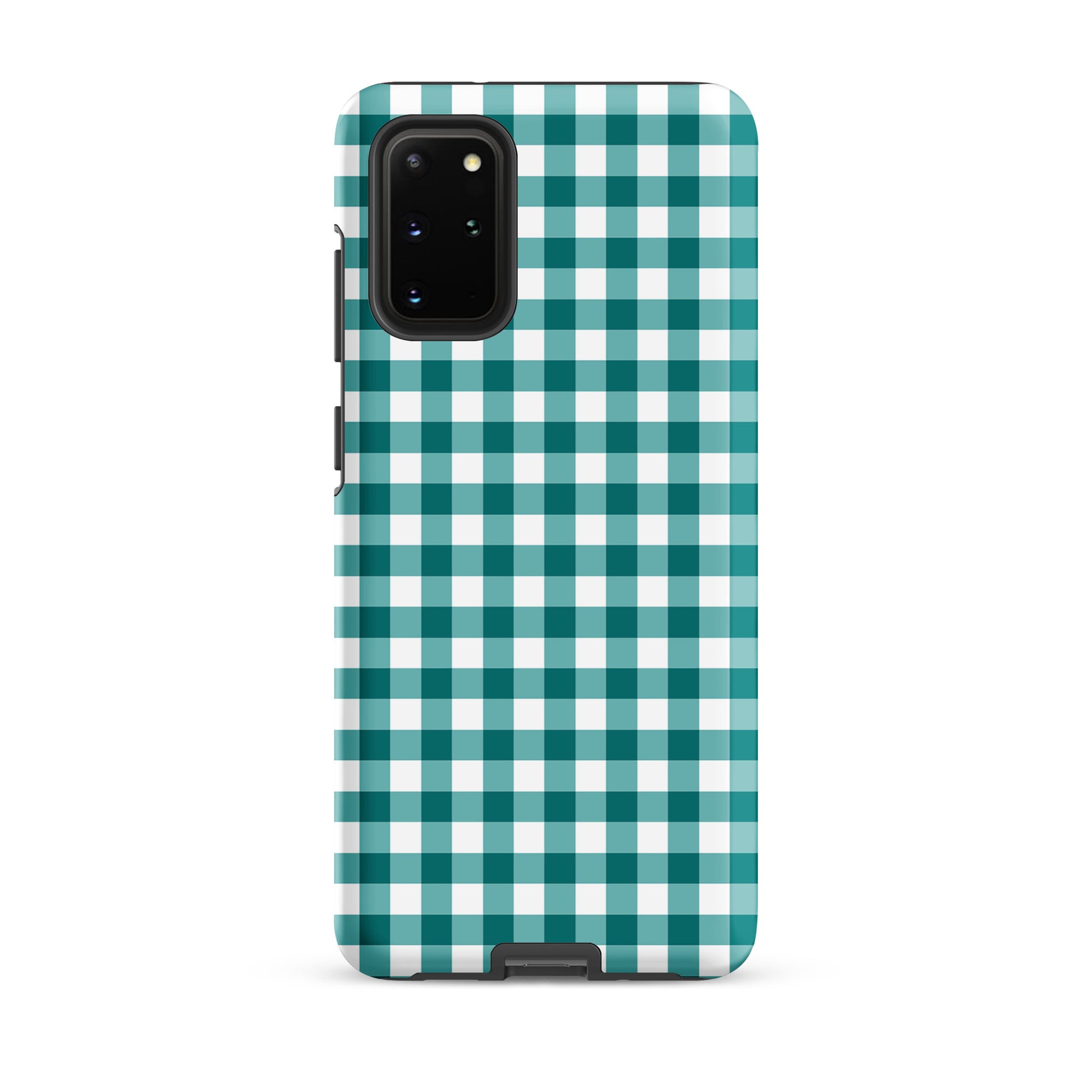 Phone Case for Samsung Galaxy with teal and white gingham pattern, blending style and protection.