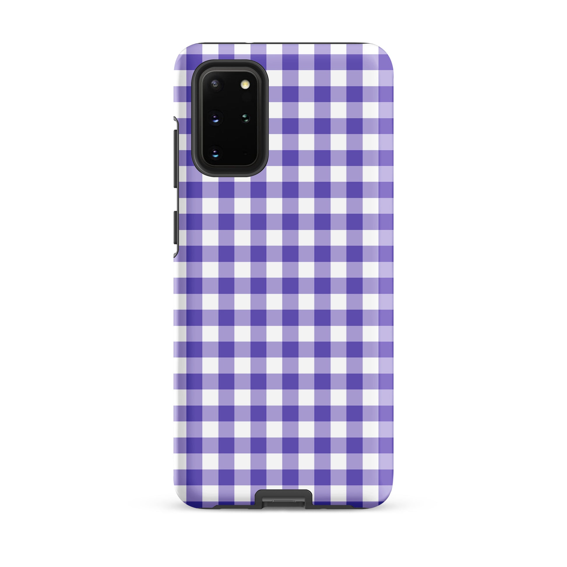 Phone case for Samsung Galaxy with purple and white gingham pattern, combining style and protection.