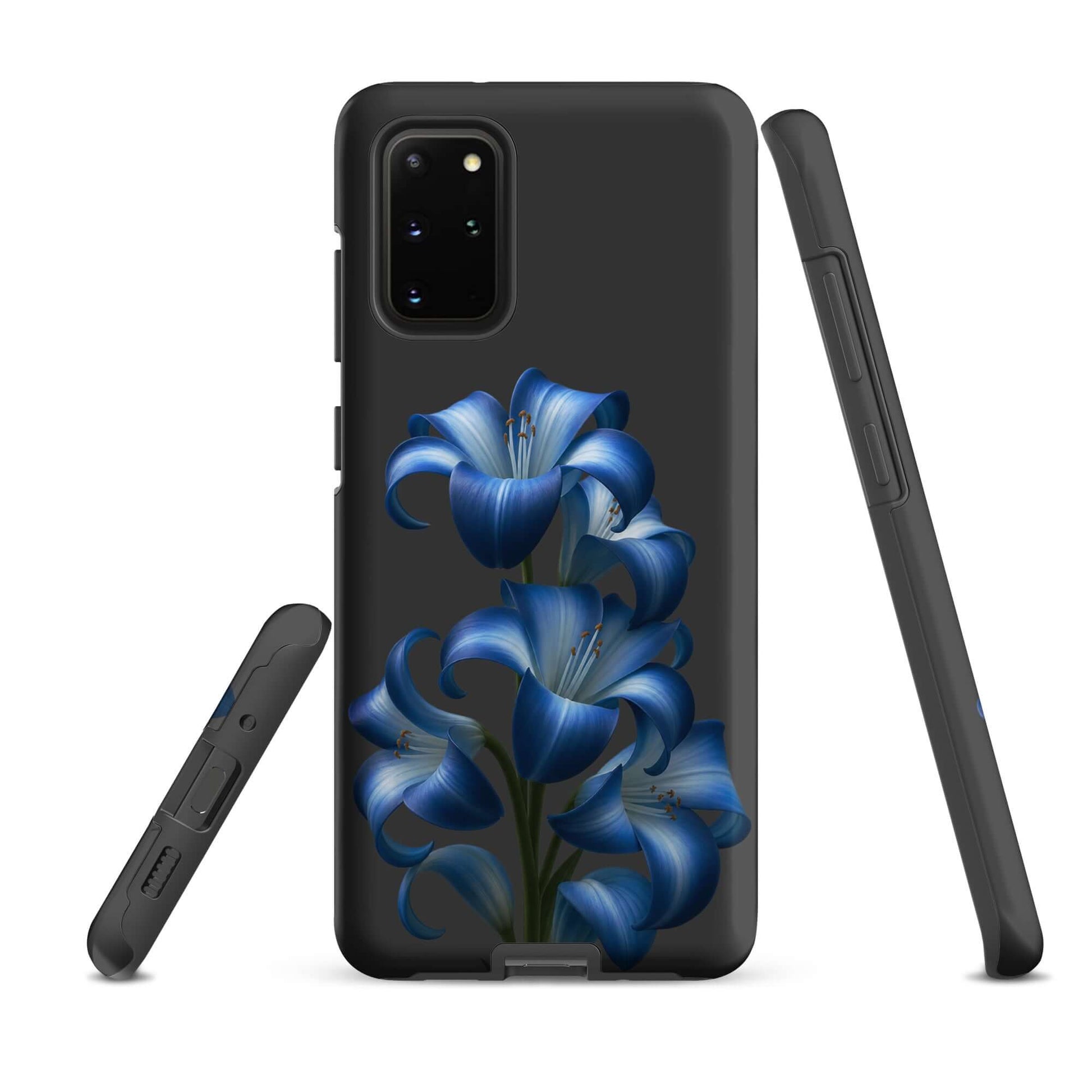 Phone Case for Samsung Galaxy with Blue Lily Bloom Art, showcasing vibrant blue lilies on a sleek dark backdrop for stylish protection.