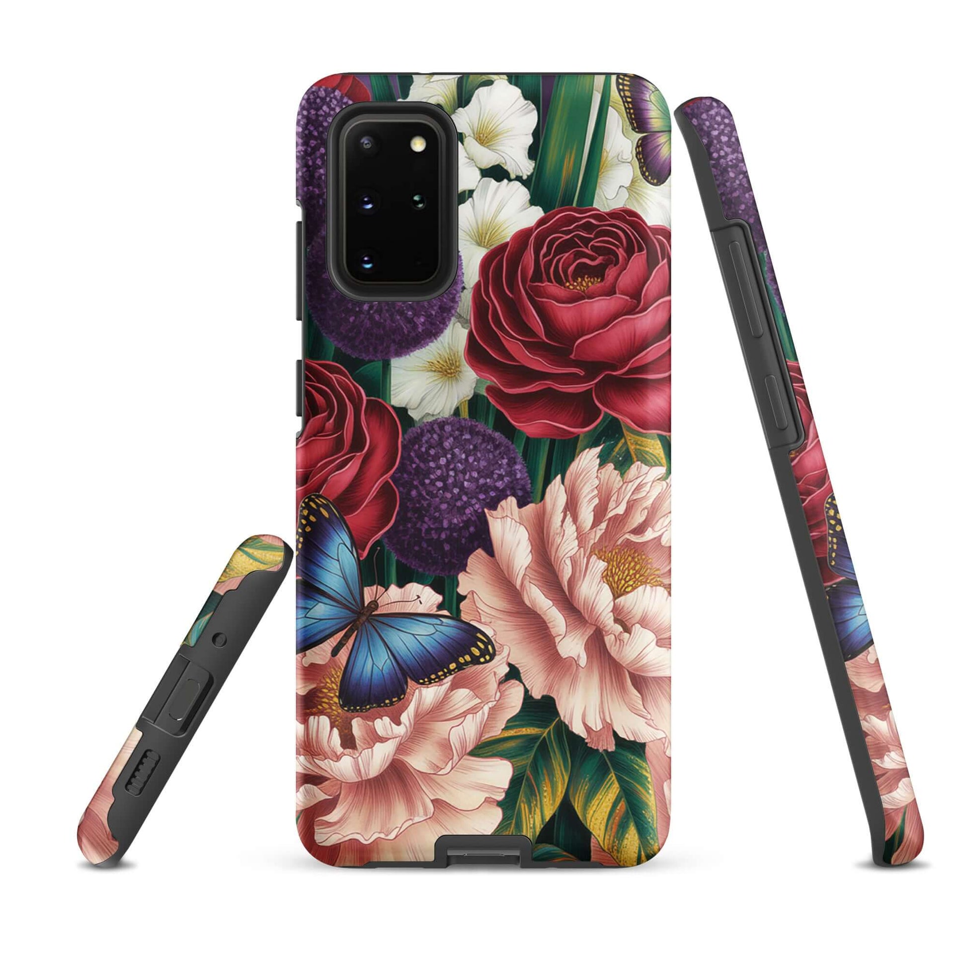 Phone Case for Samsung Galaxy with botanical garden design featuring roses, peonies, alliums, and butterflies on a painterly background.