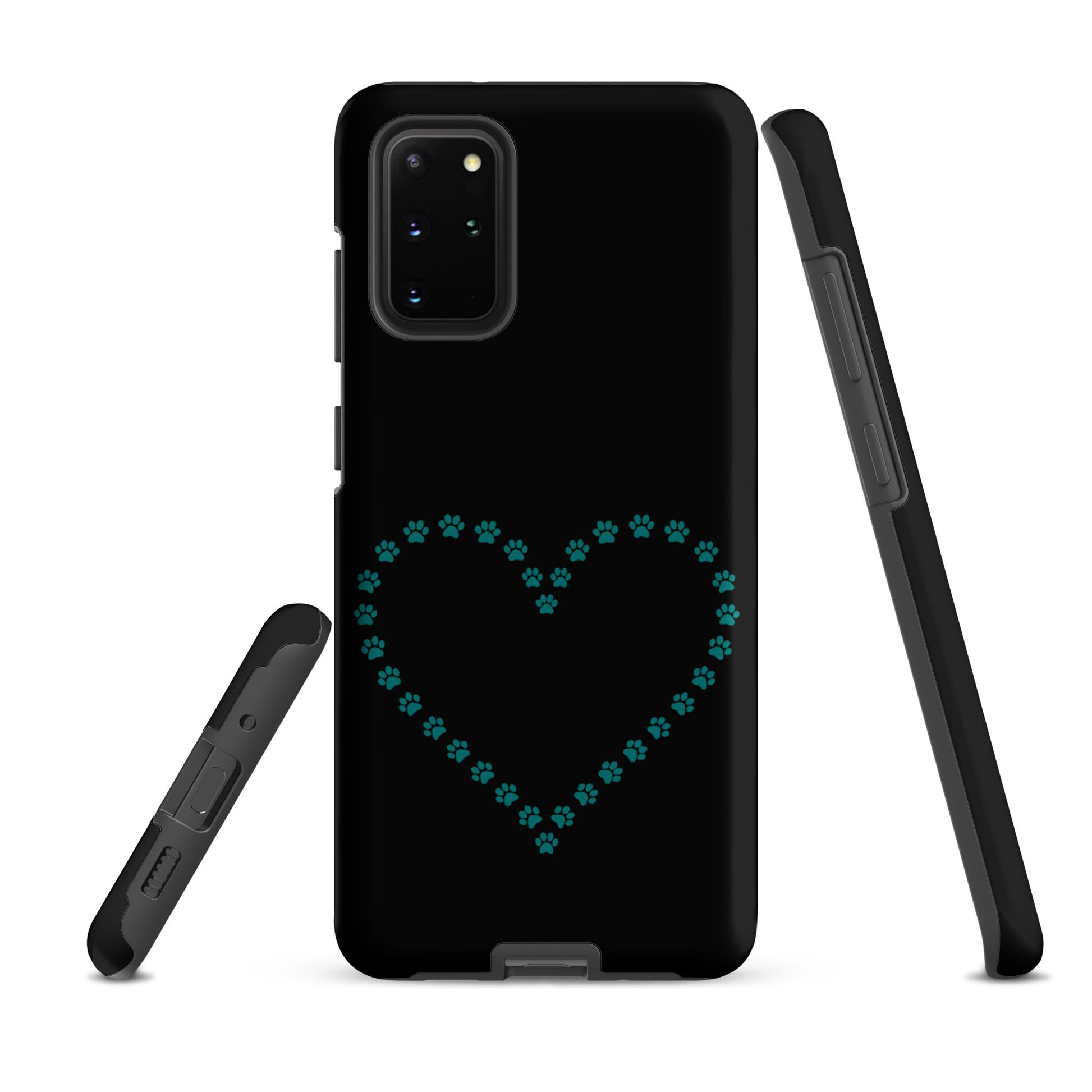 Phone Case for Samsung Galaxy with teal paw print heart design in black, ideal for pet lovers who adore cats, dogs, and minimalistic animal style