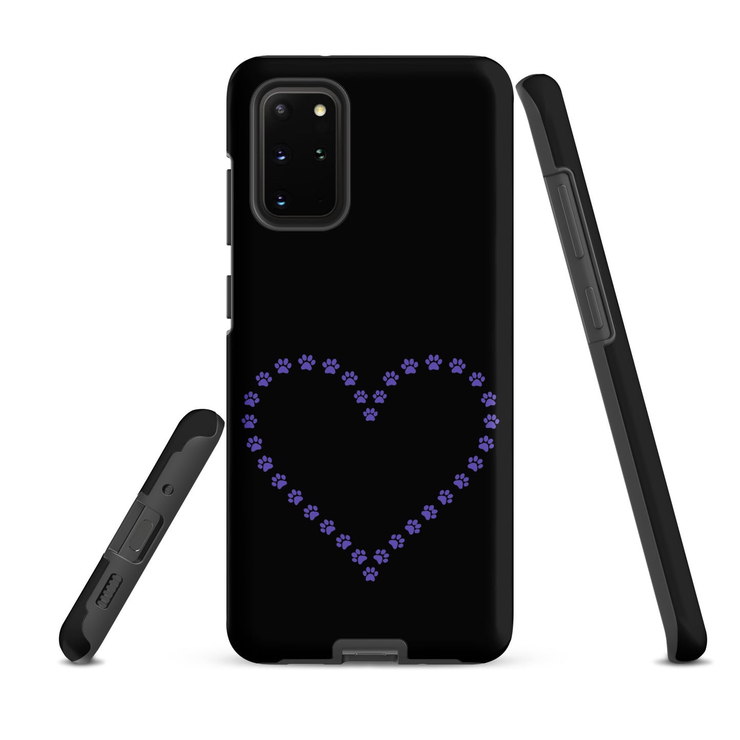 Phone Case for Samsung Galaxy with paw print heart design on black, ideal for pet lovers who adore cats, dogs, puppies, and kittens.