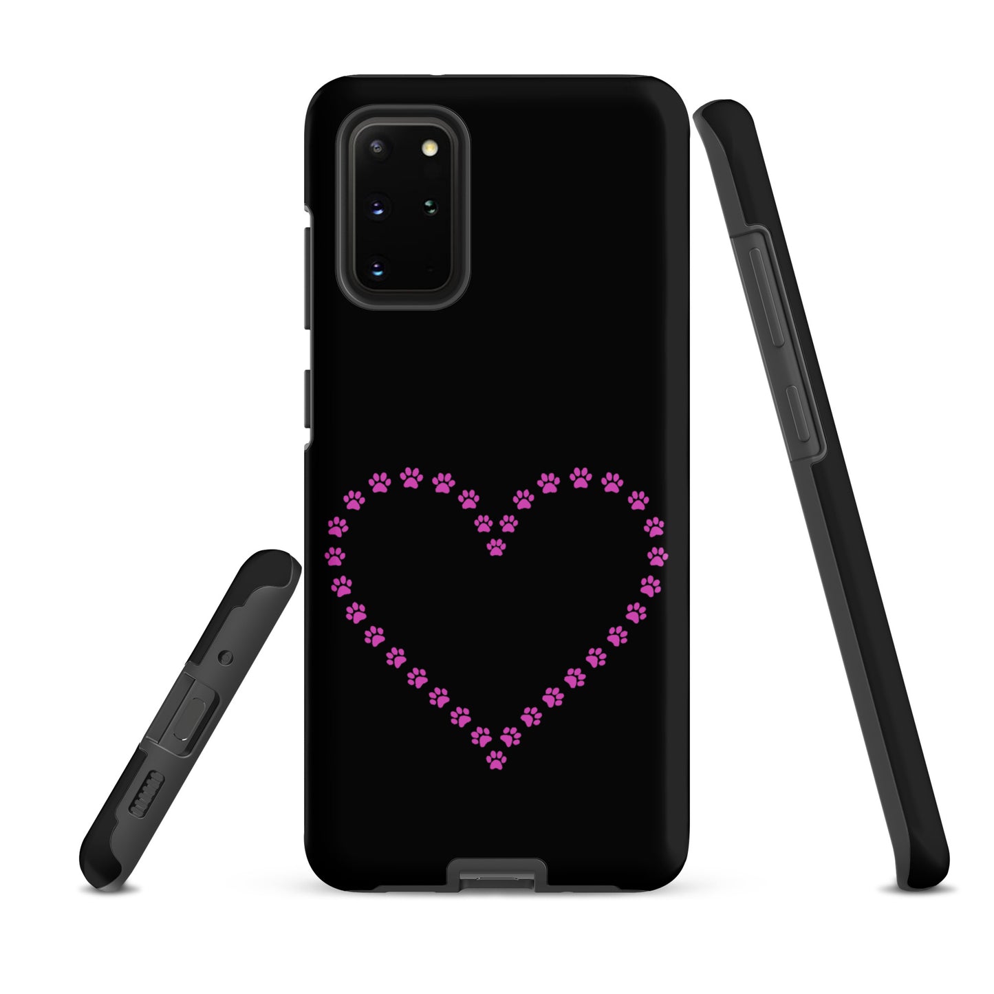 Phone Case for Samsung Galaxy with pink paw print heart design in black, perfect for pet lovers and animal enthusiasts.