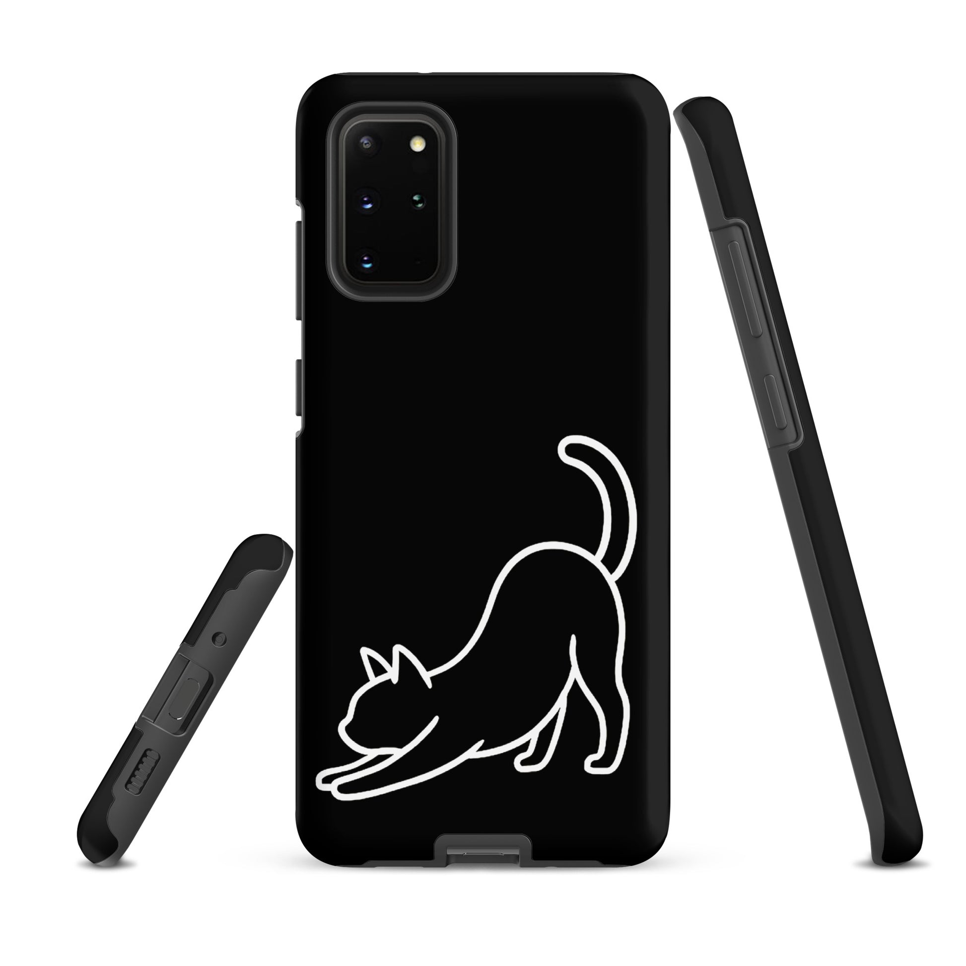 Phone Case for Samsung Galaxy with minimalist stretching cat design for impact protection and sleek feline aesthetics.