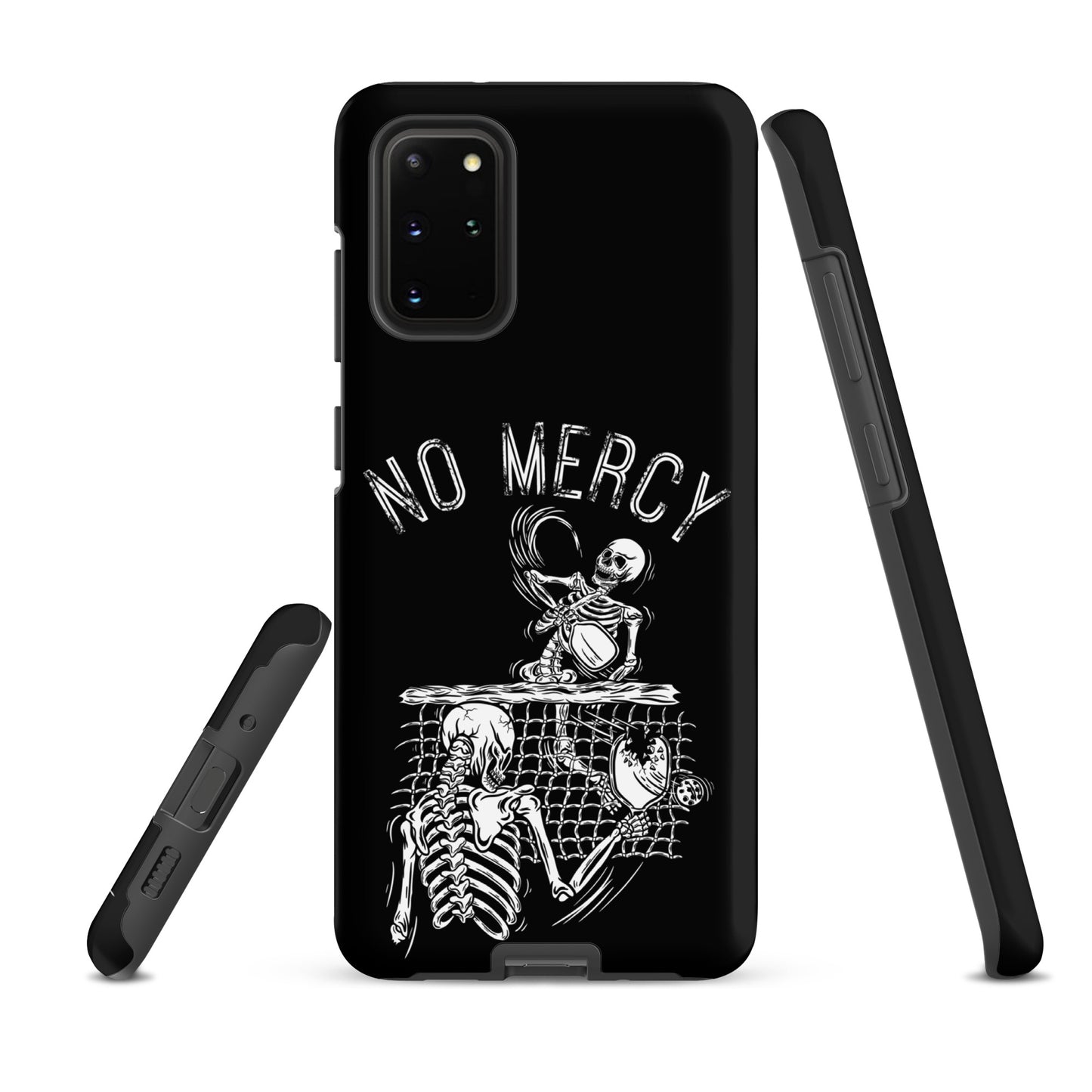 Pickleball Samsung Galaxy case with "No Mercy" skeleton design, aggressive style for players who dominate the court.
