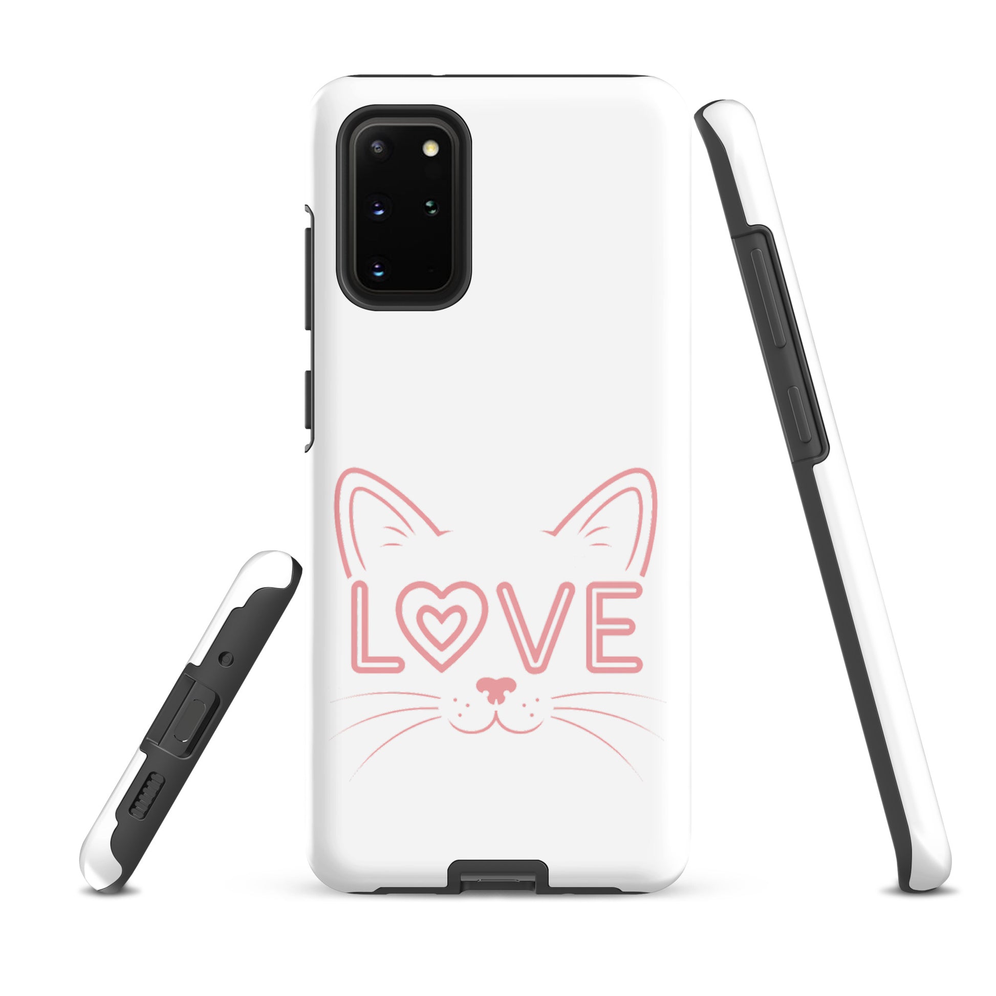 Cat Love phone case for Samsung Galaxy with minimalist cat face and 'LOVE' design.
