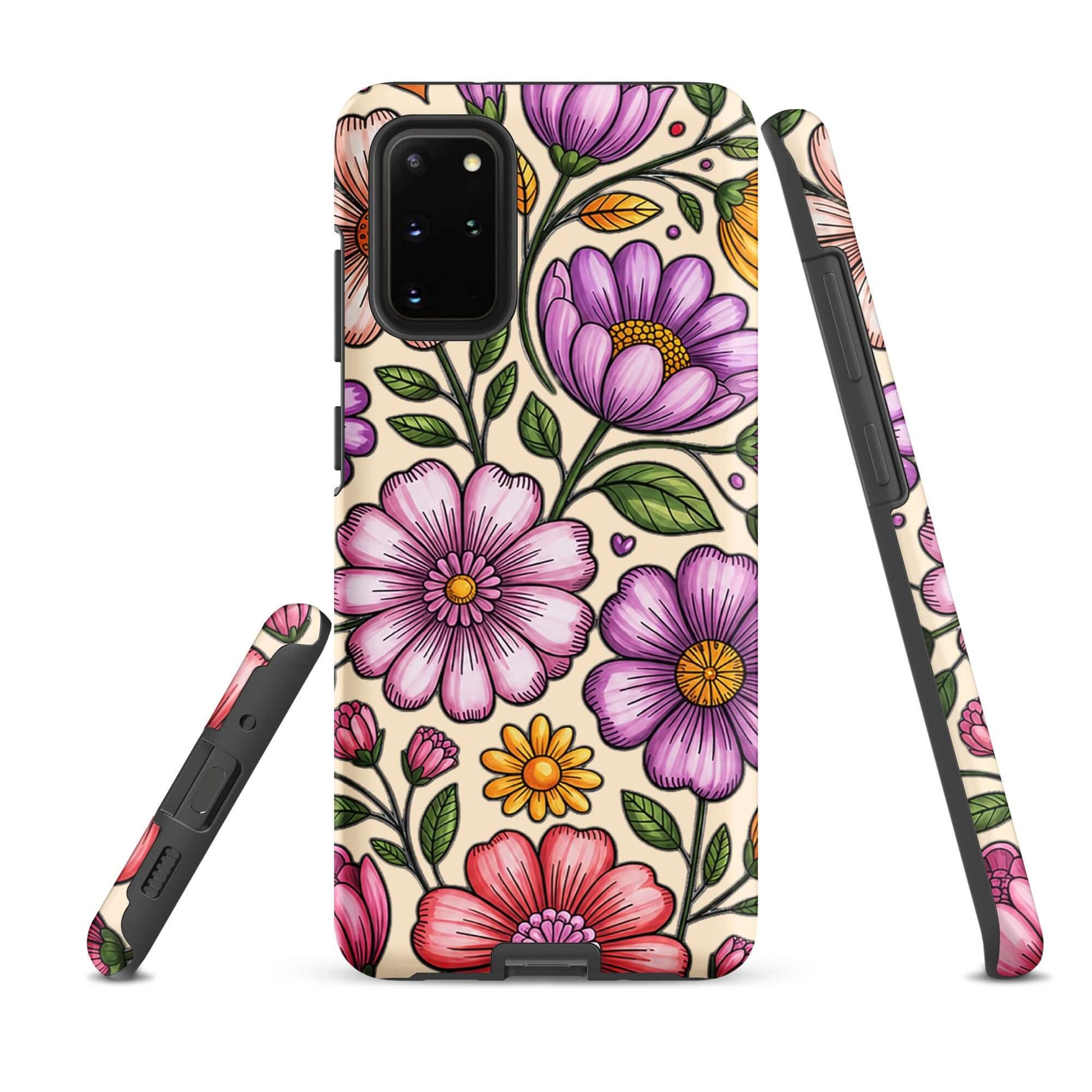 Phone Case for Samsung Galaxy in pastel floral design with purple, pink, and yellow flowers, offering style and protection.