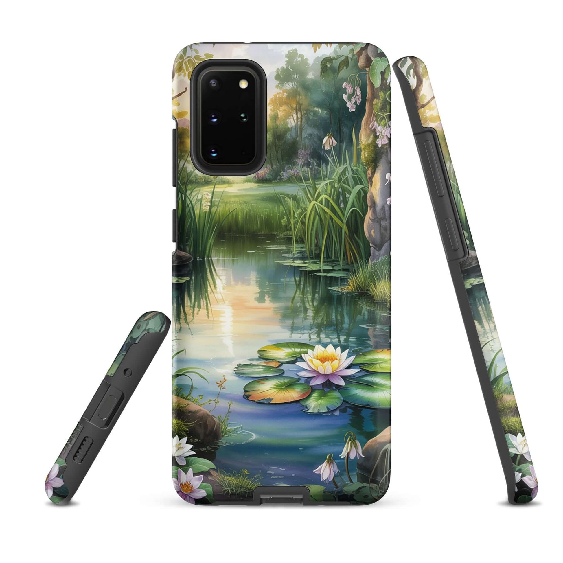 Phone Case for Samsung Galaxy with enchanted pond design featuring water lilies and sunset reflections, lush greenery, and wildflowers.