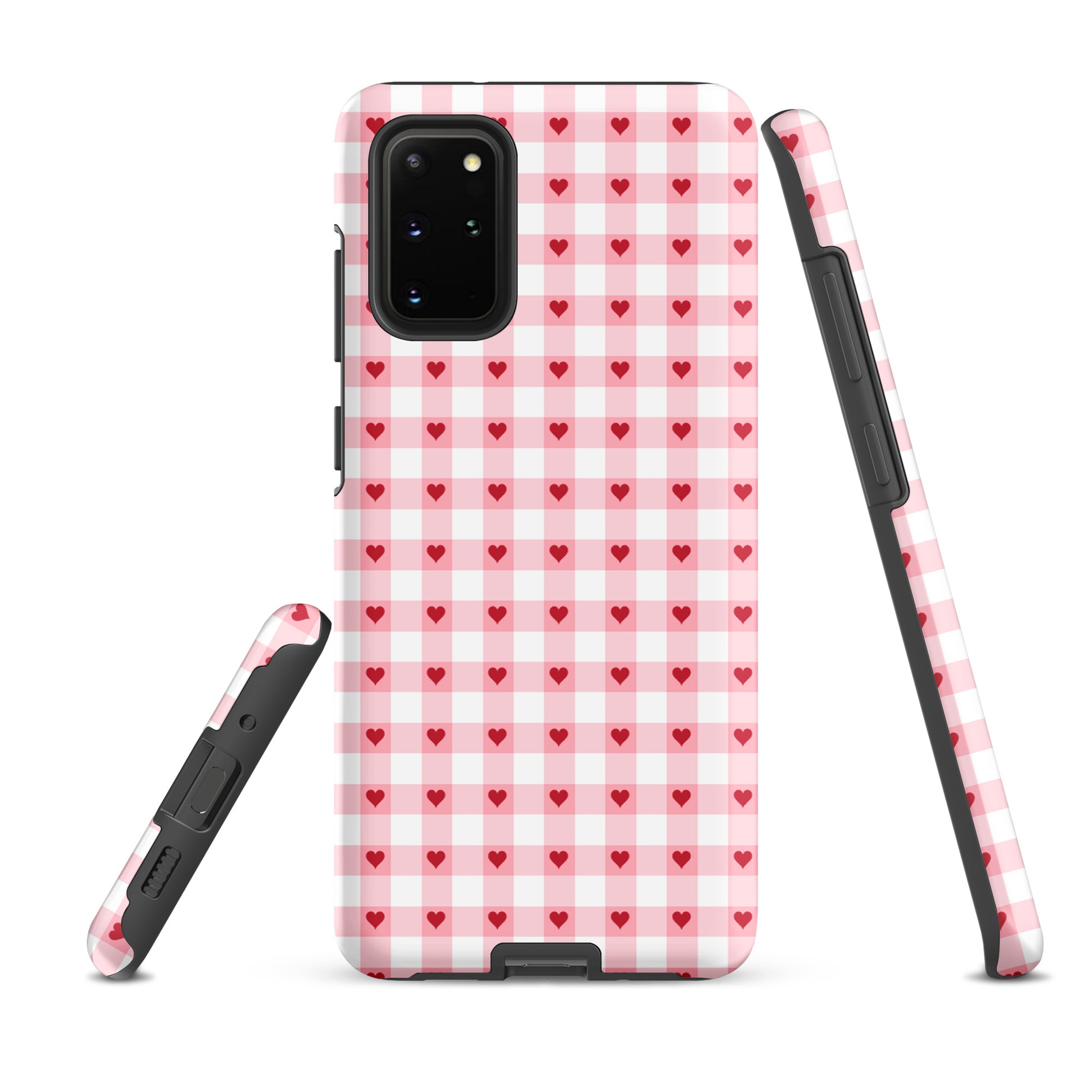 Phone Case for Samsung Galaxy in pink-and-white gingham with red hearts, offering style and durability.
