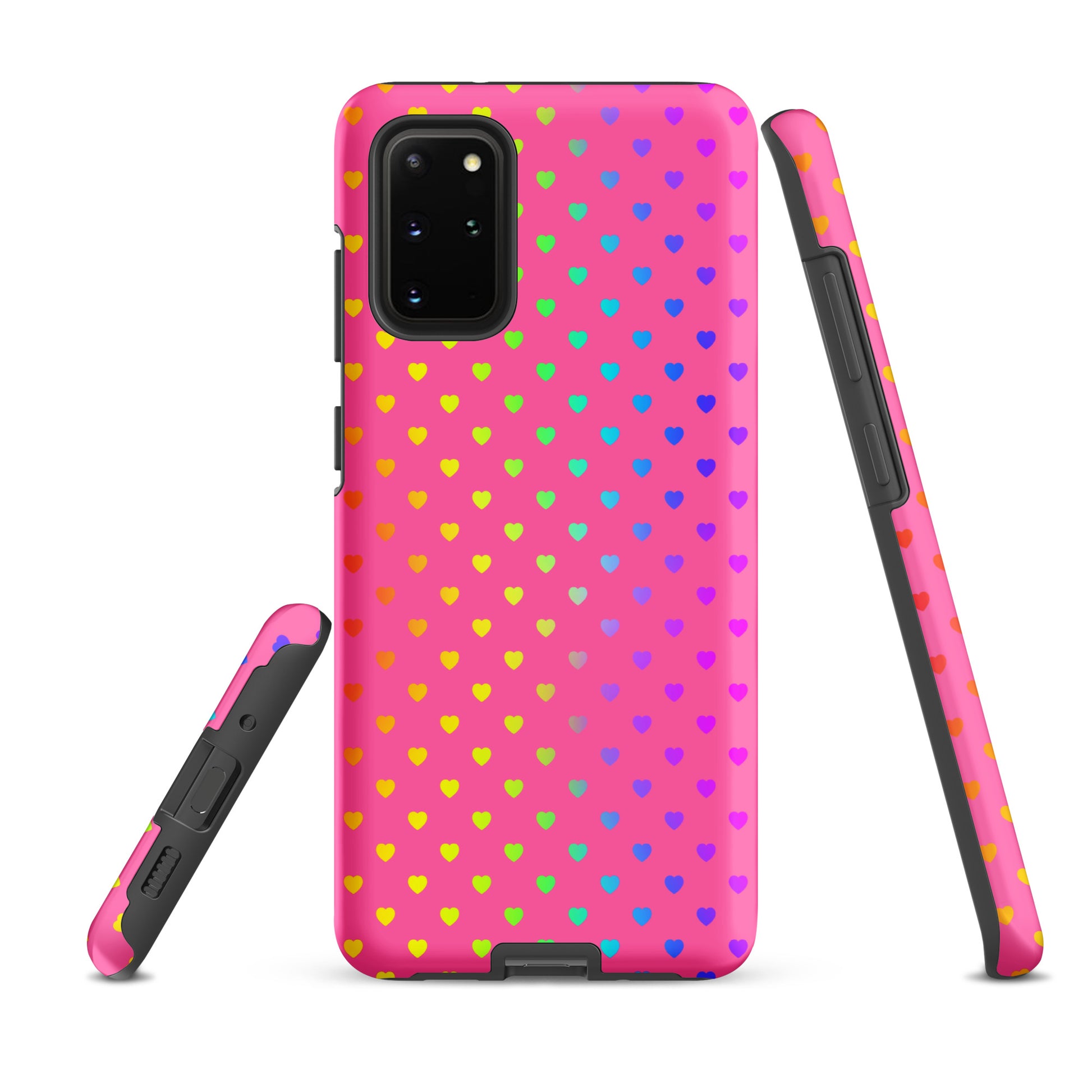 Pink Samsung Galaxy phone case with rainbow hearts, dual-layer protection, and cute design. Perfect phone case accessory for style and safety.