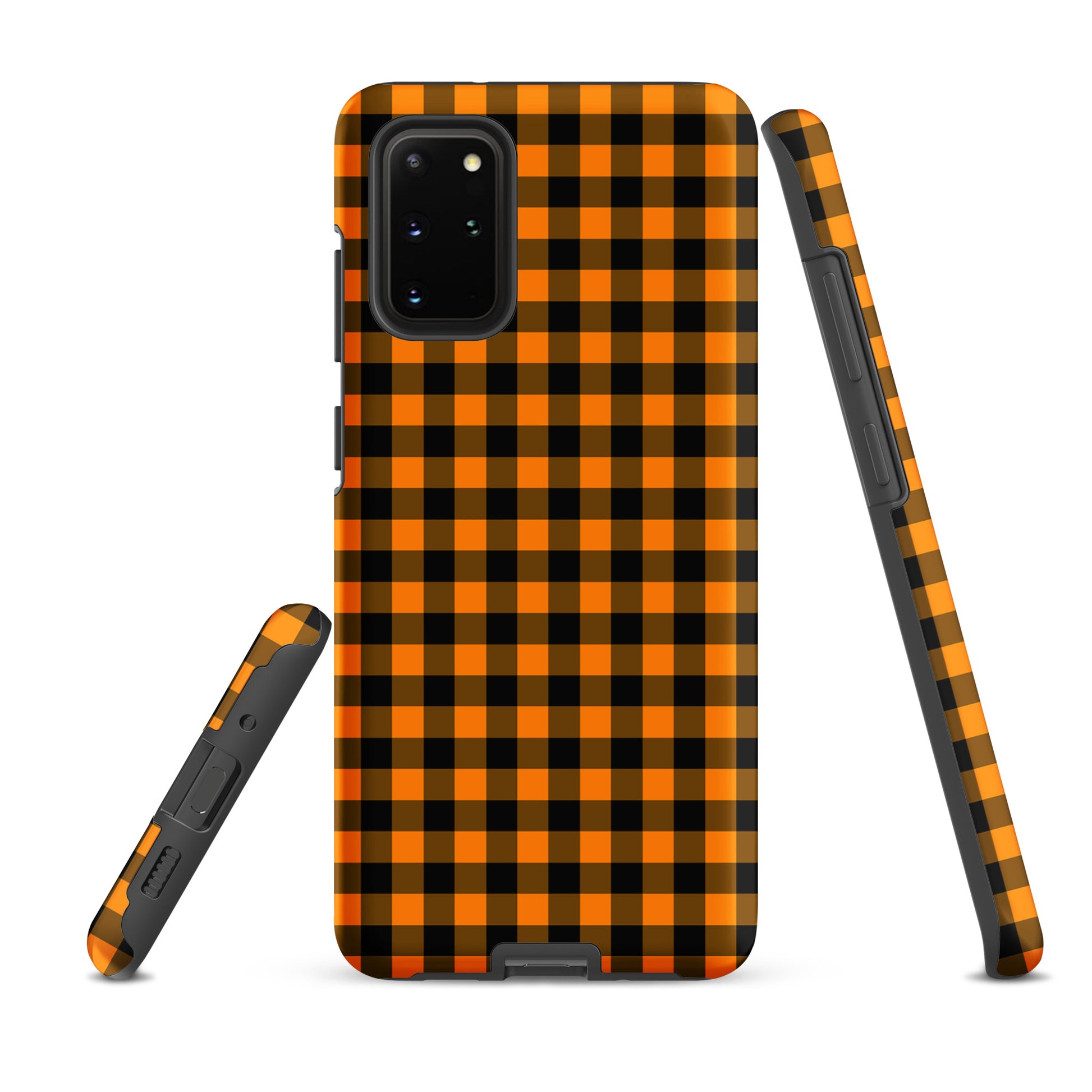 Black-and-orange gingham phone case for Samsung Galaxy with autumn theme