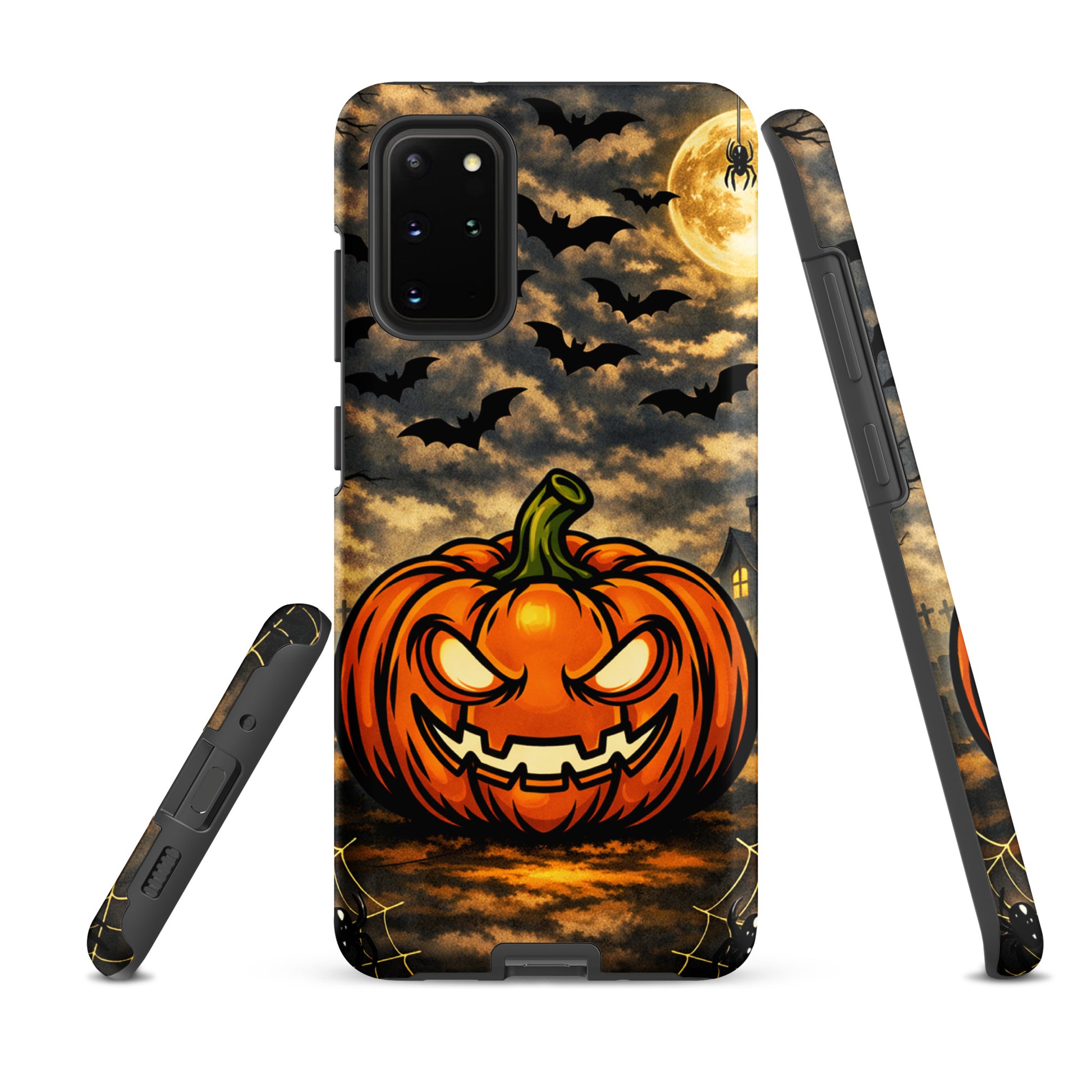 Phone Case for Samsung Galaxy with a haunted pumpkin, bats, and moonlit clouds Halloween design.