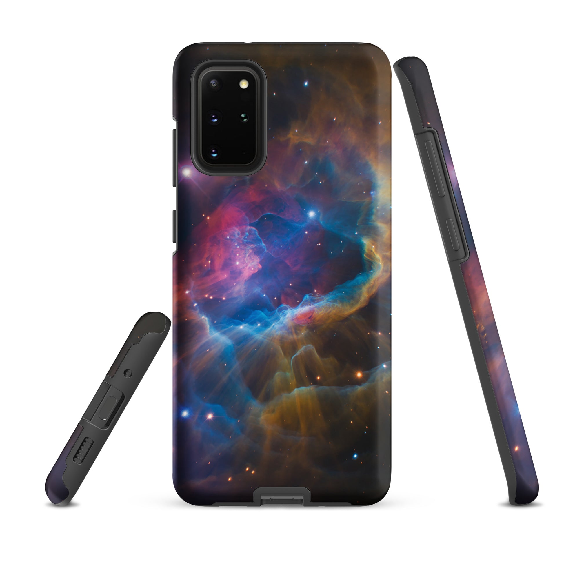 Phone Case for Samsung Galaxy featuring a nebula design with electric blues, fiery oranges, and pinks, cosmic dreamscape starburst.