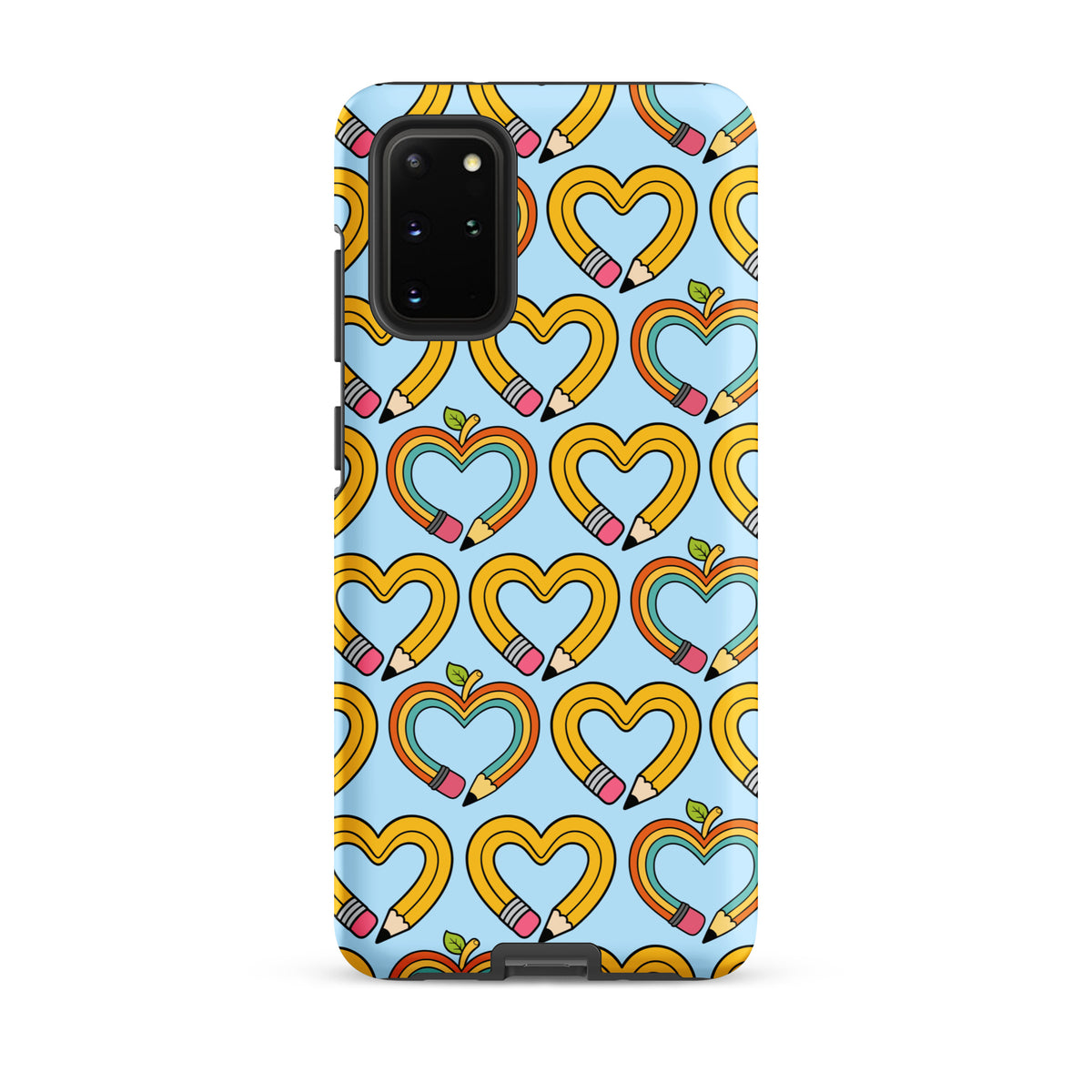 Phone Case for Samsung Galaxy with playful pencil-heart pattern showing whimsical design and growth symbolized by tiny green leaves.