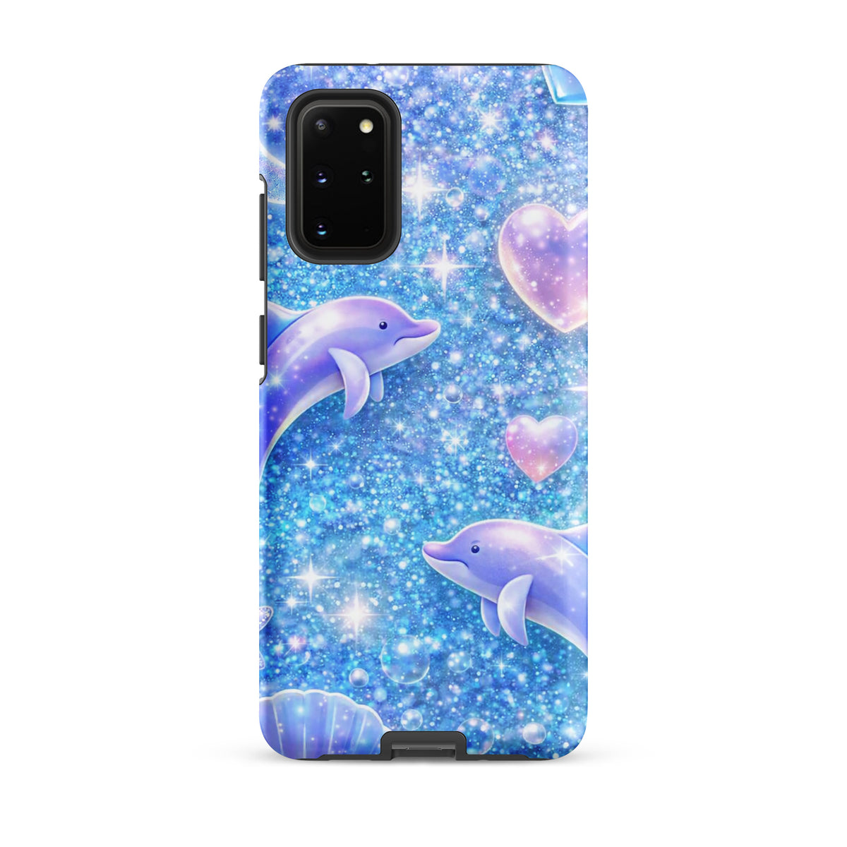 Phone Case for Samsung Galaxy with Ocean Glitter Dolphins, featuring shimmering glitter, dolphins, pastel moons, and celestial accents.