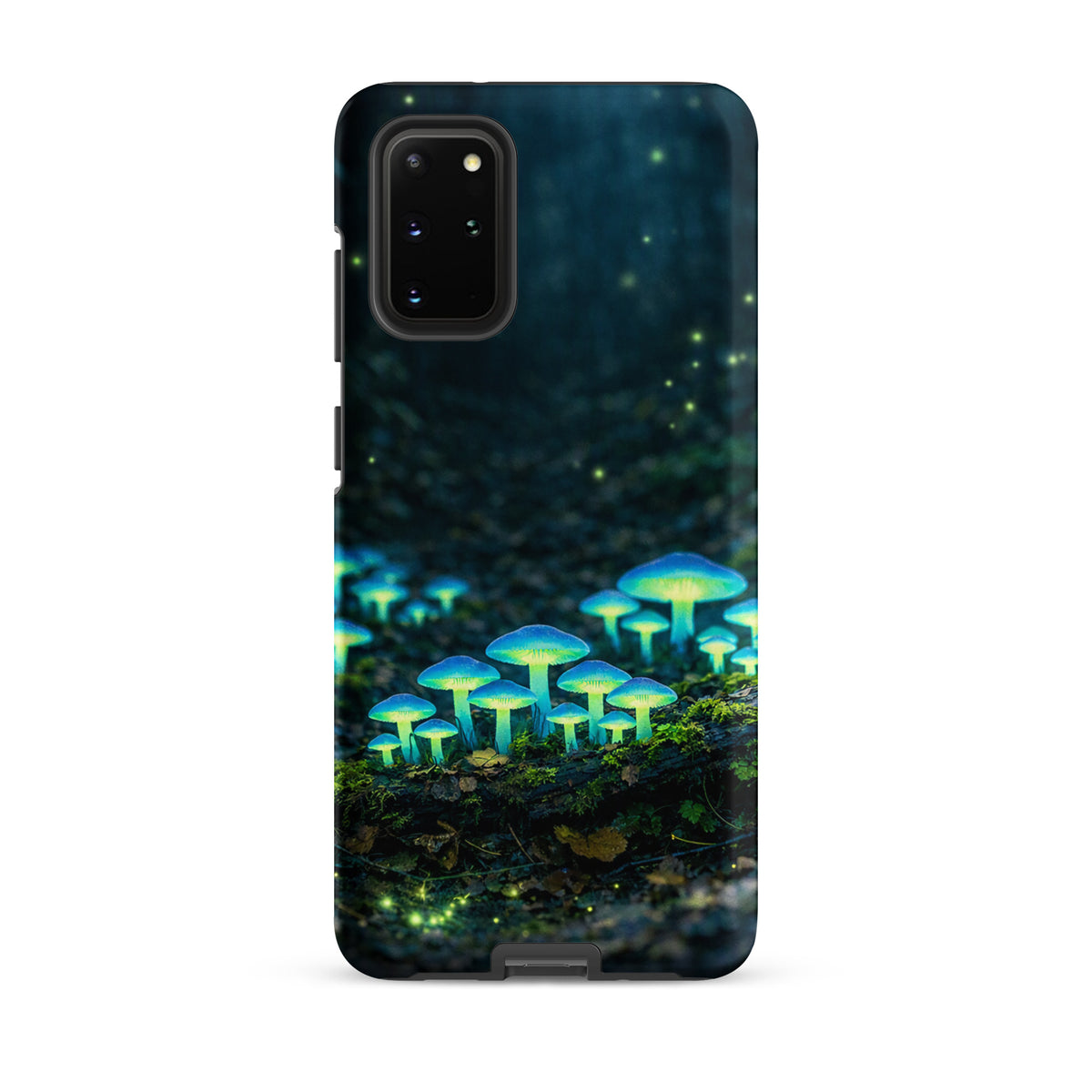 Phone Case for Samsung Galaxy featuring glowing forest mushrooms, bioluminescent blue-green design, mystical woodland scene.