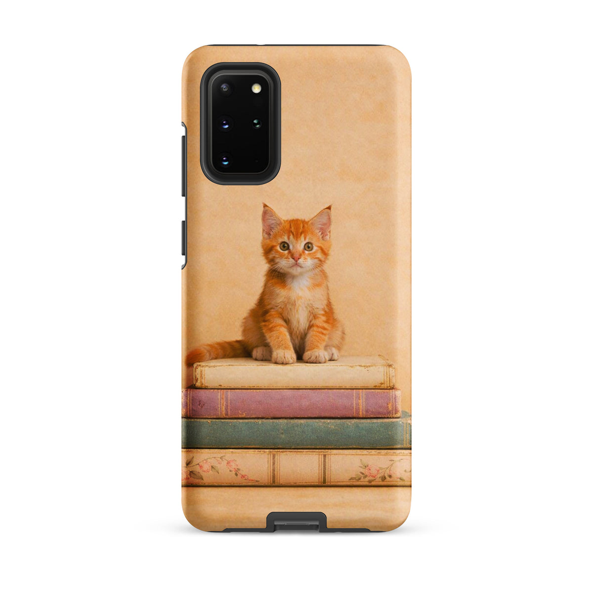 Phone Case for Samsung Galaxy with cozy kitten on vintage books design, orange tabby cat, perfect for book lovers and cat enthusiasts.