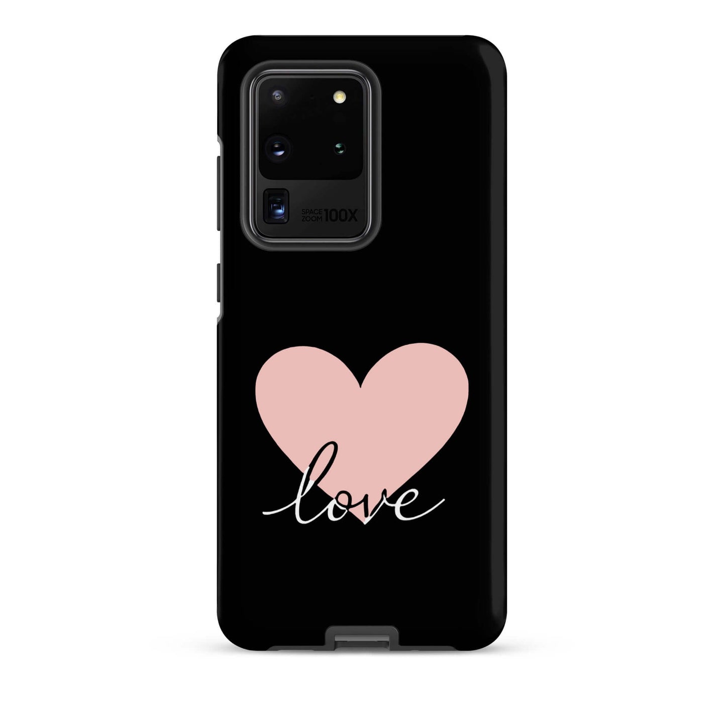 Phone Case Samsung Galaxy featuring a pink heart and flowing script 'love' on a sleek black background.