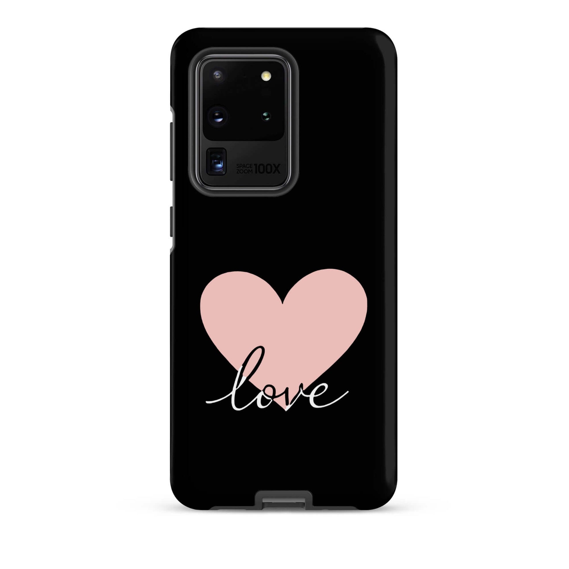 Phone Case Samsung Galaxy featuring a pink heart and flowing script 'love' on a sleek black background.