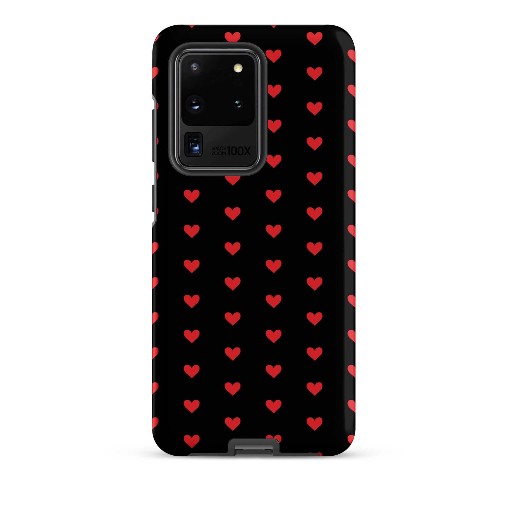 Phone Case for Samsung Galaxy featuring fiery red hearts on a black background.