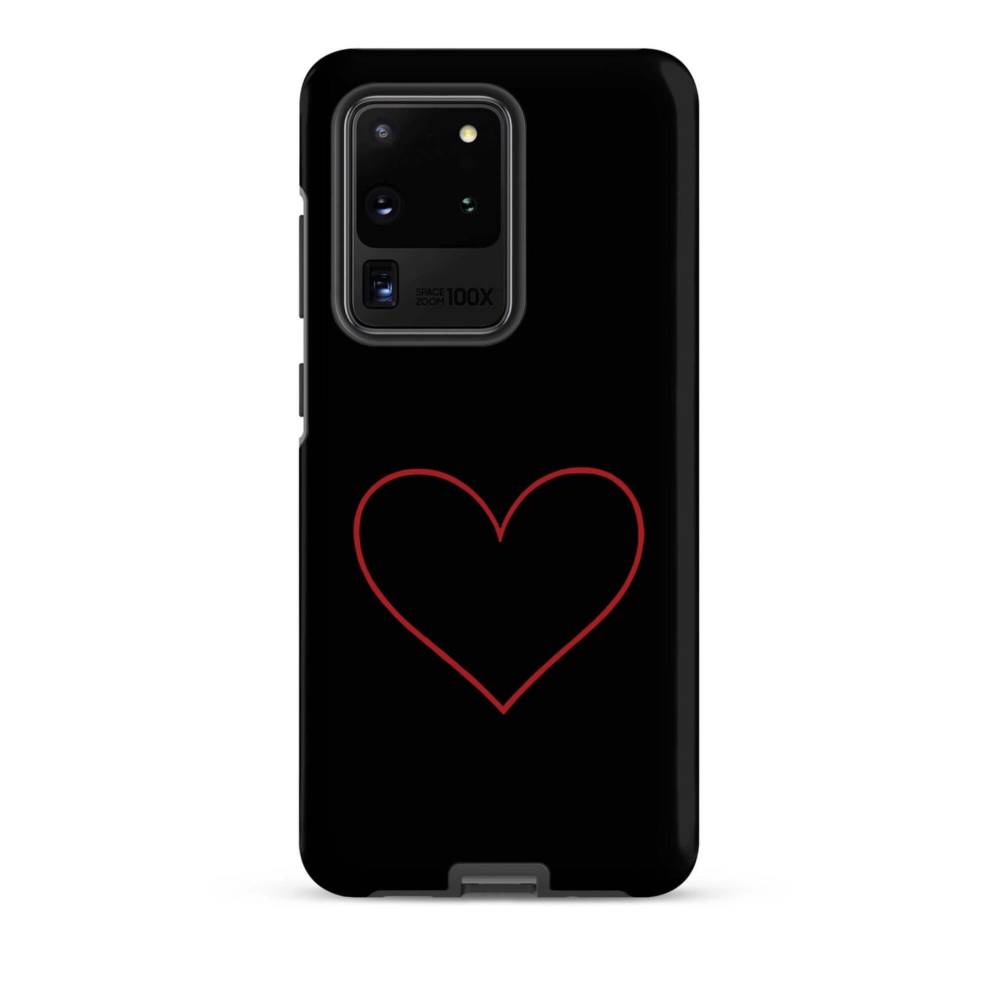 Phone Case for Samsung Galaxy featuring minimalist crimson heart design on a sleek black background.