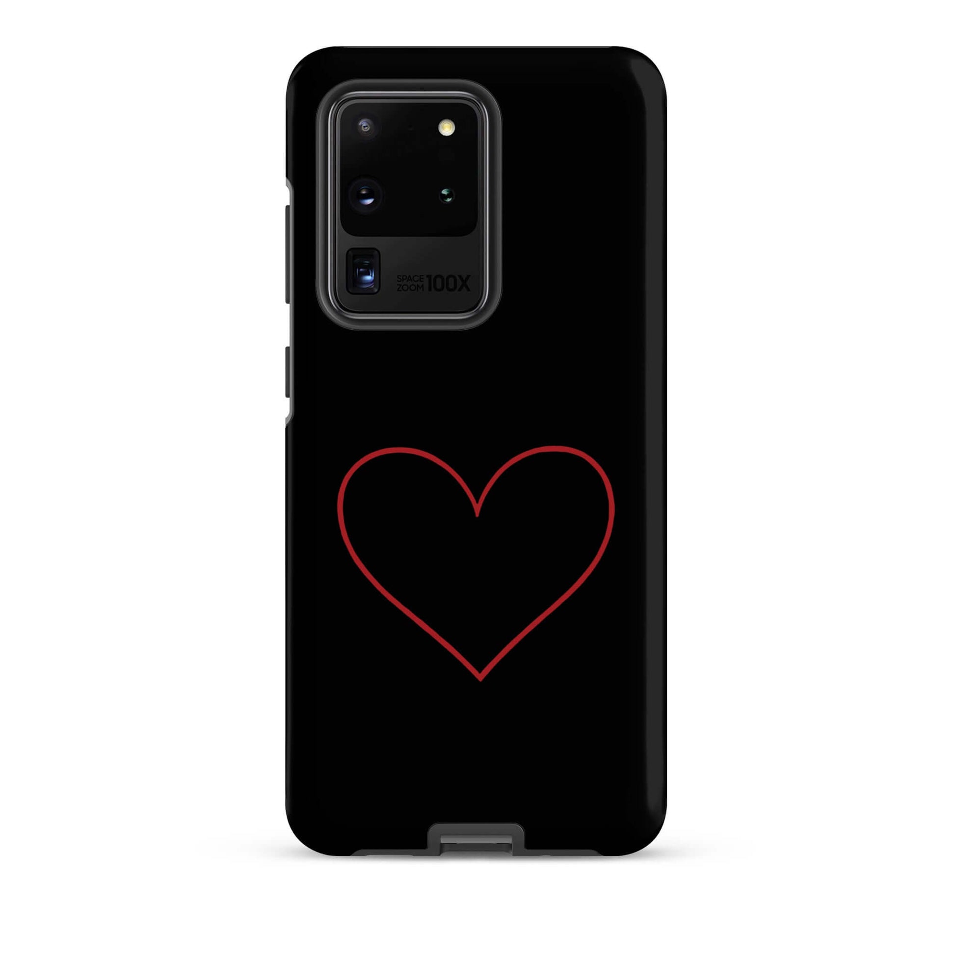 Phone Case for Samsung Galaxy featuring minimalist crimson heart design on a sleek black background.