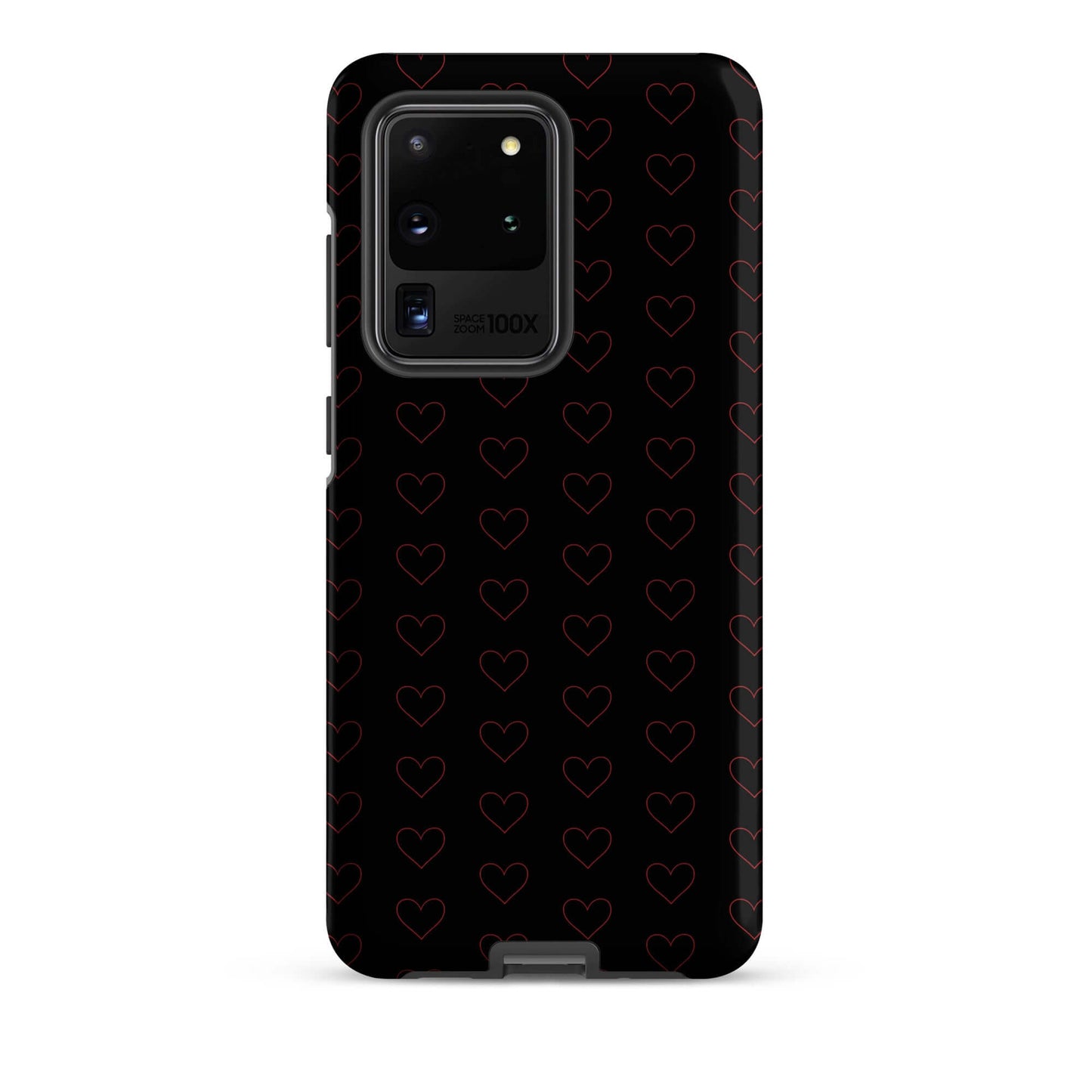 Phone Case for Samsung Galaxy featuring a stylish crimson heart pattern on a black background.