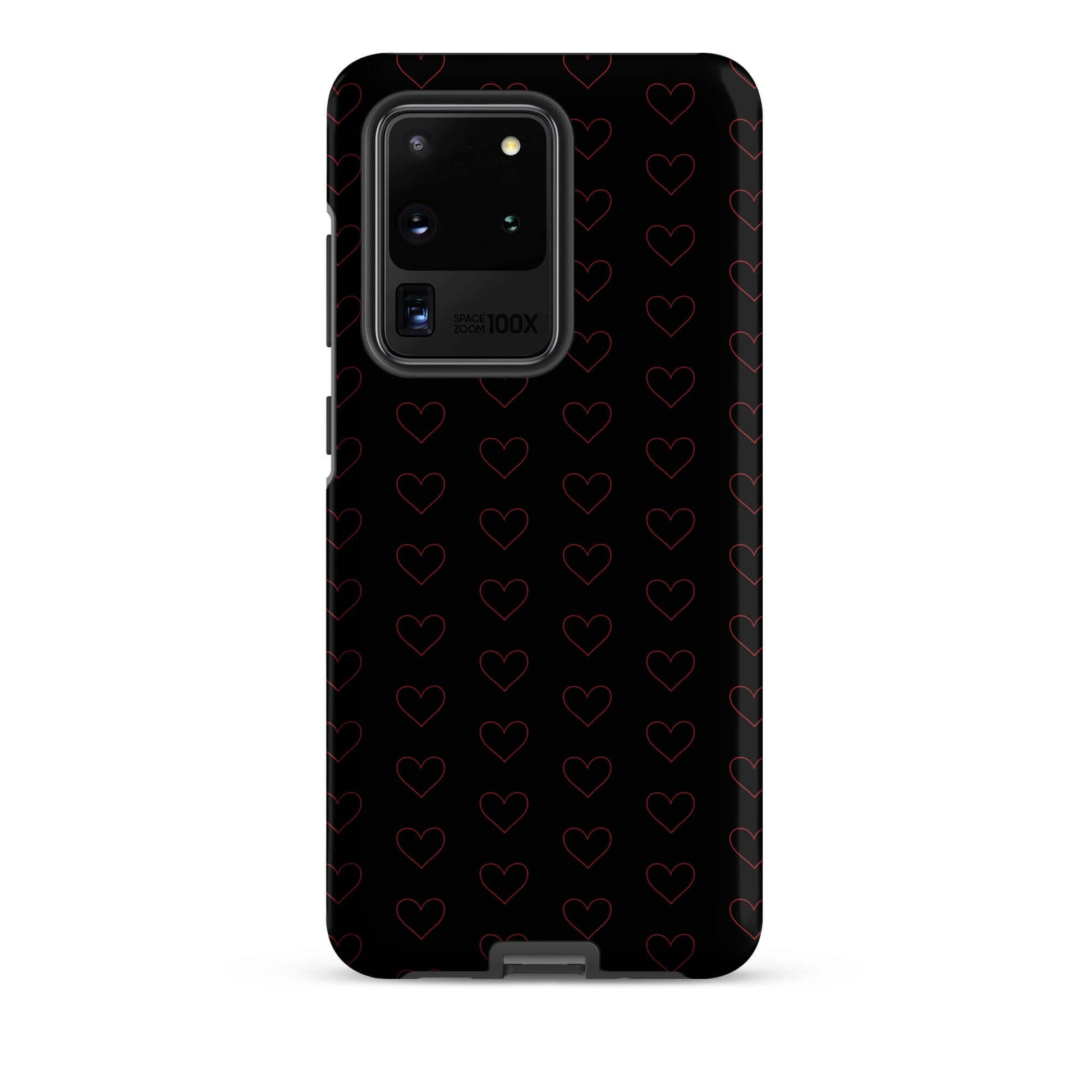 Phone Case for Samsung Galaxy featuring a stylish crimson heart pattern on a black background.