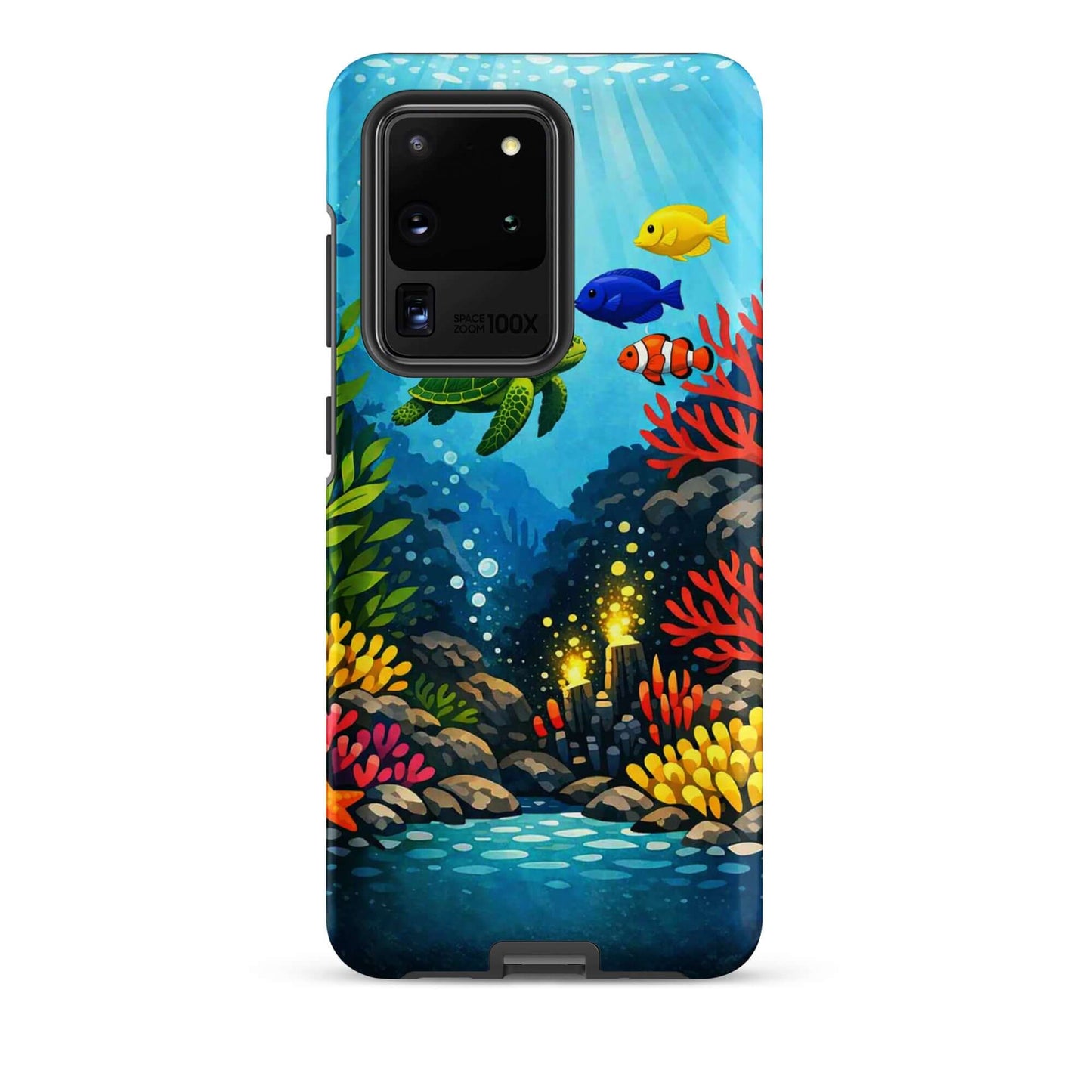 Phone case featuring vibrant sea turtle and coral reef design, perfect for marine life lovers.