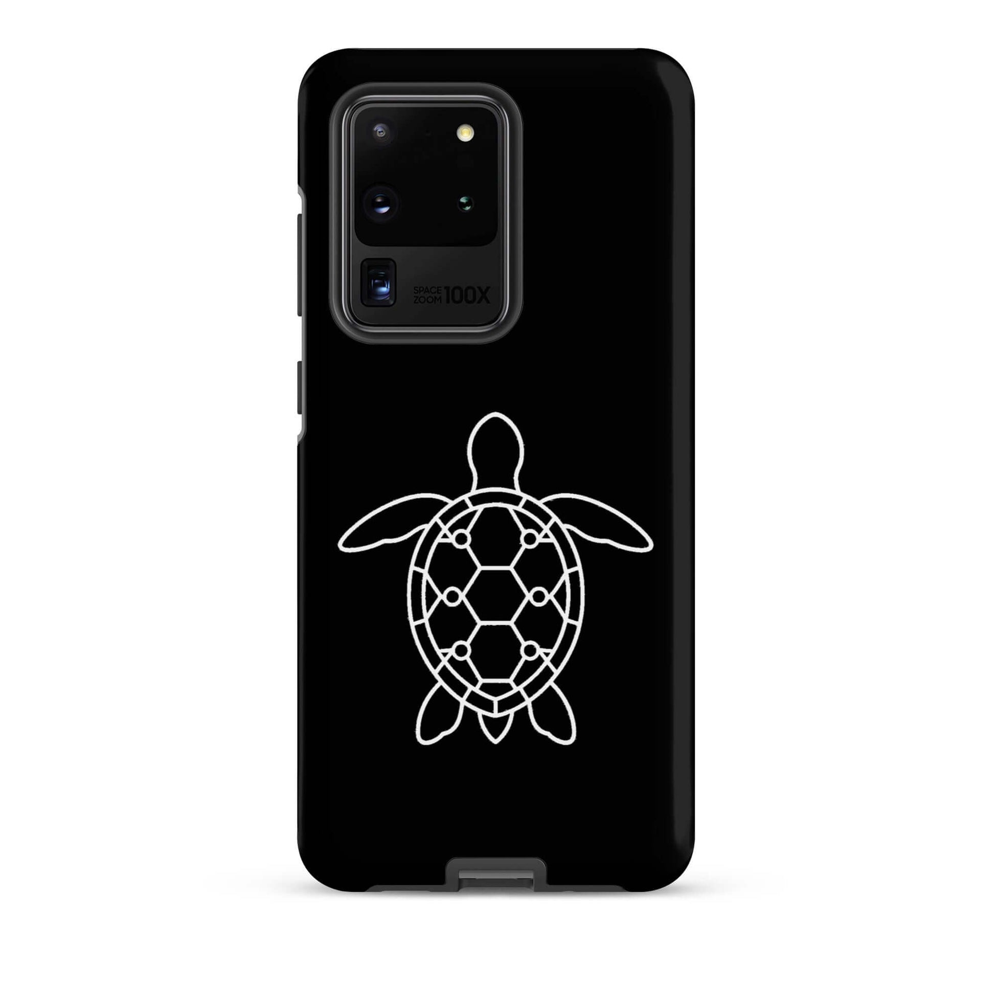 Phone case for Samsung Galaxy featuring a minimalist sea turtle silhouette on a black background.