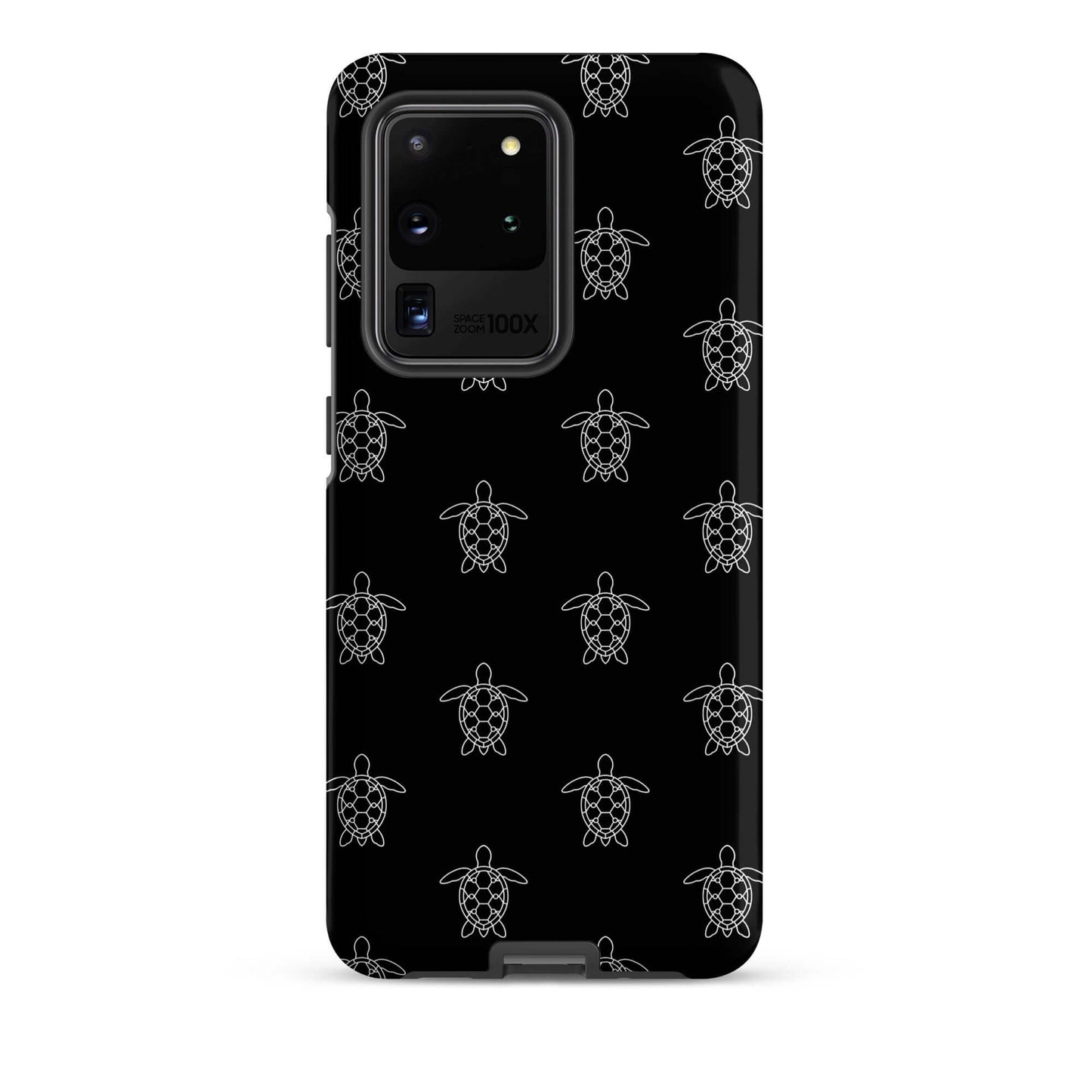 Phone Case for Samsung Galaxy featuring minimalist sea turtle pattern on black background.