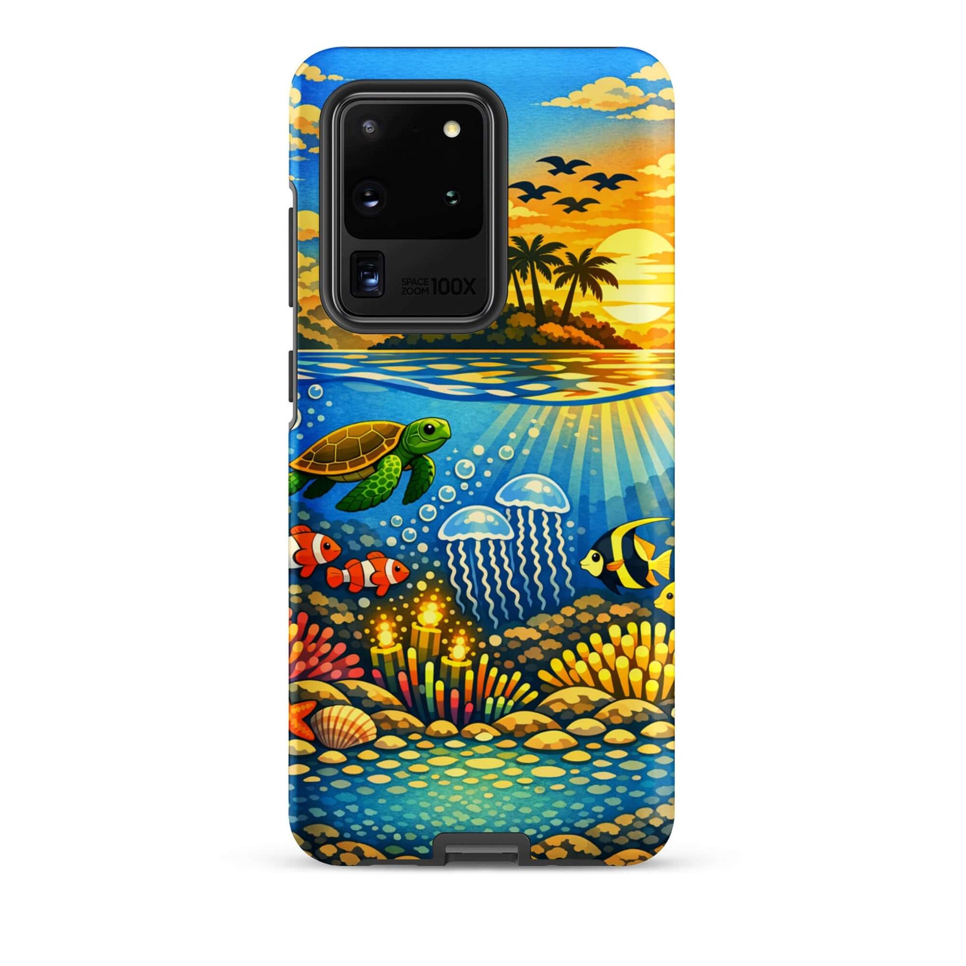 Phone Case for Samsung Galaxy featuring tropical sunset and colorful underwater reef design.