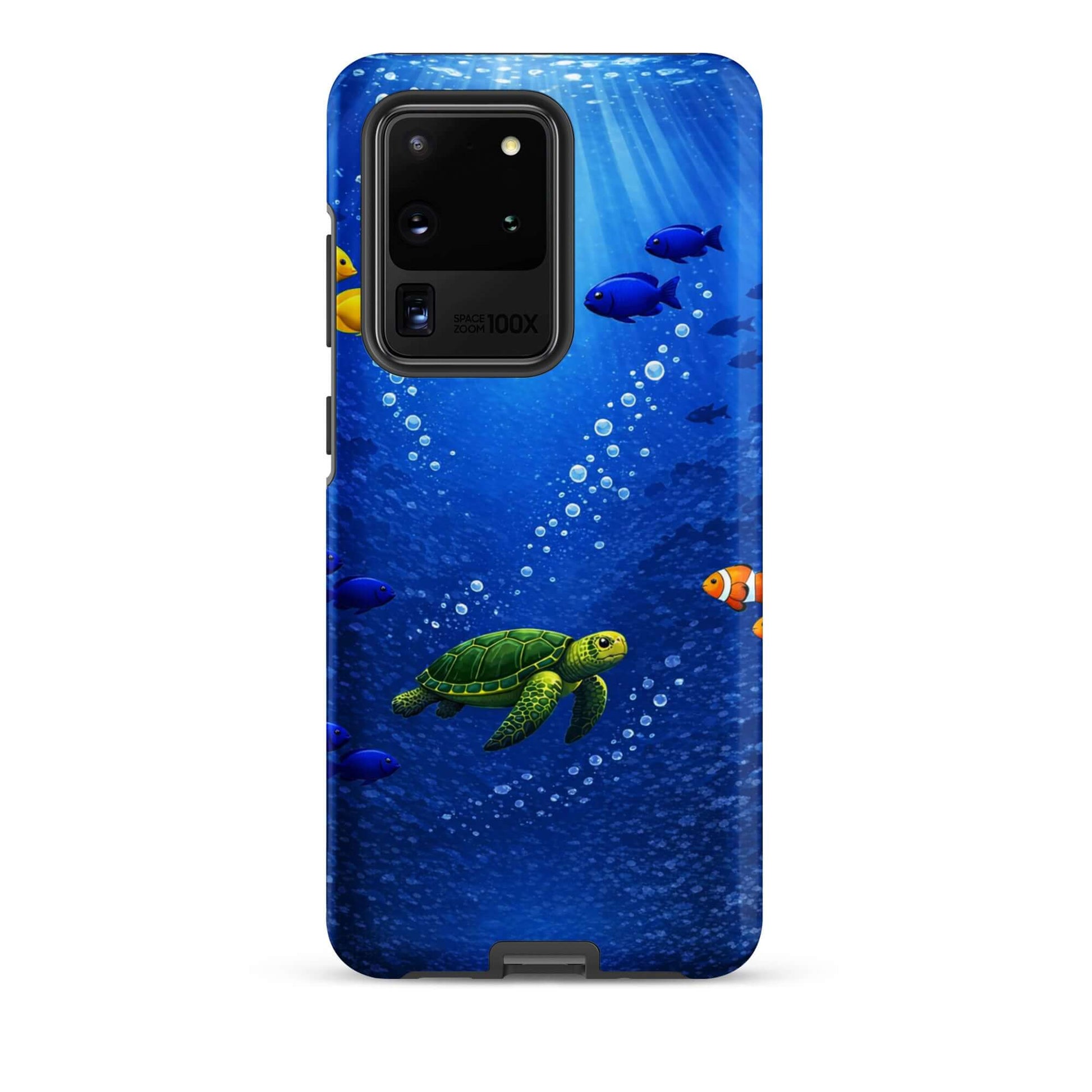 Phone Case for Samsung Galaxy featuring a vibrant sea turtle and tropical fish design in deep blue waters.