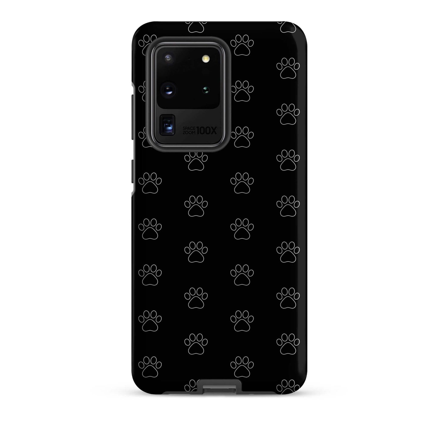 Phone Case for Samsung Galaxy featuring a playful paw print pattern on a sleek black background.