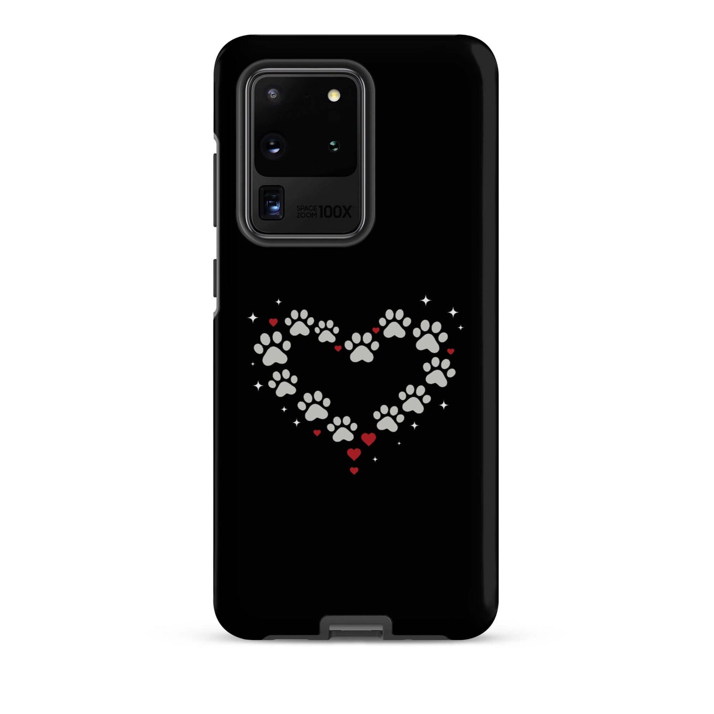 Phone Case for Samsung Galaxy with paw-print heart design on black background.