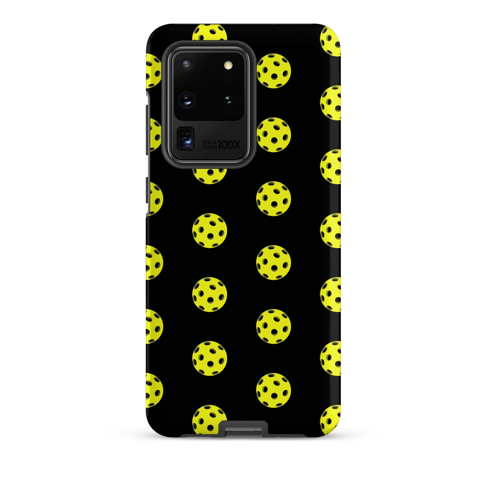 Phone Case for Samsung Galaxy featuring a pickleball pattern on a black background.