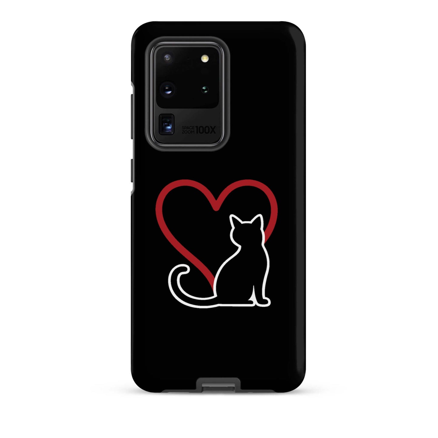 Phone Case for Samsung Galaxy featuring a cat silhouette and red heart on a black background.