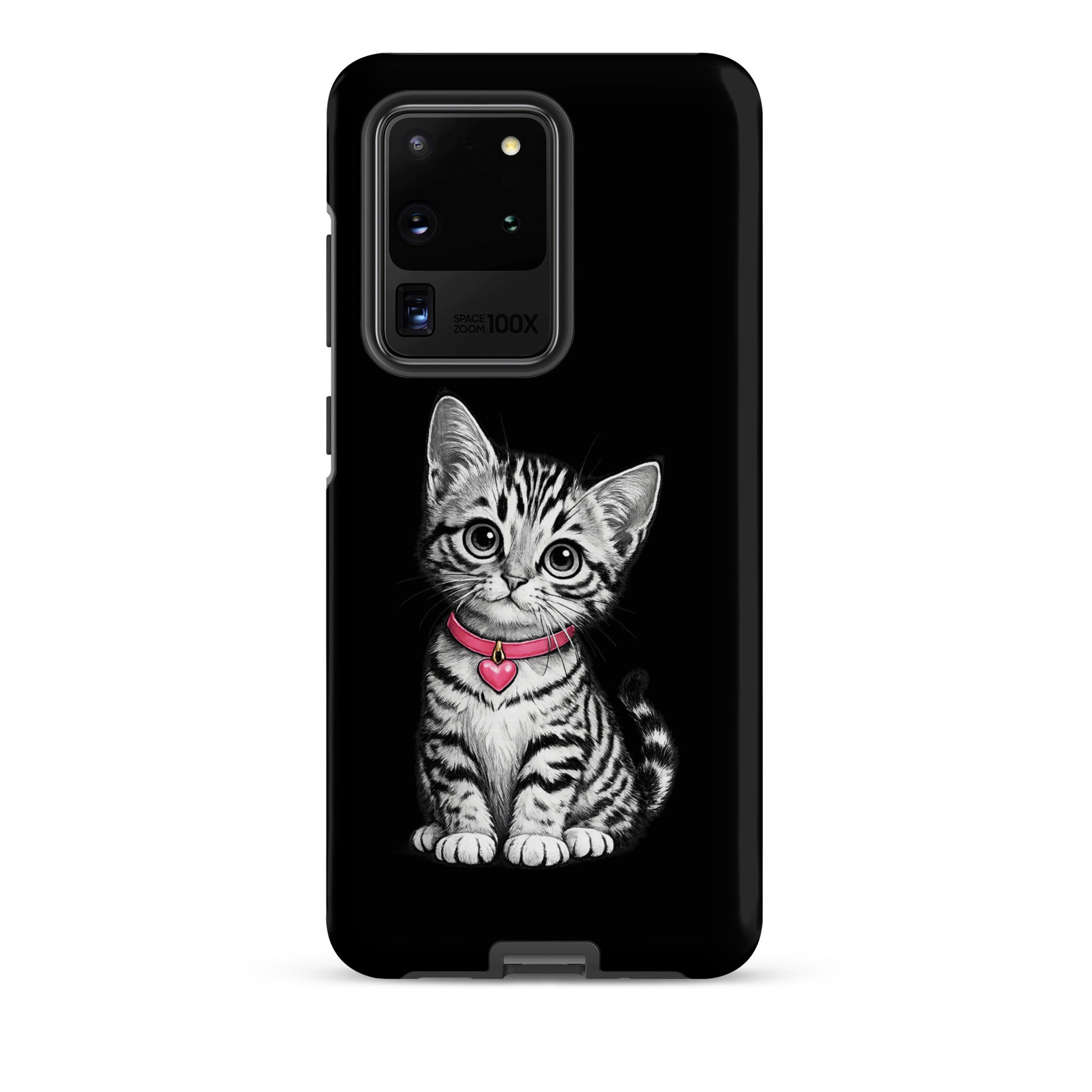 Phone Case for Samsung Galaxy featuring pencil sketch kitten with pink heart charm on black background.