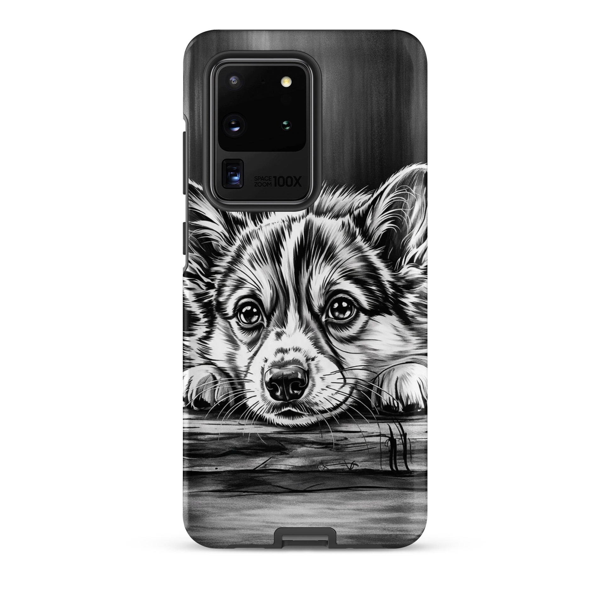 Phone Case for Samsung Galaxy featuring elegant black-and-white puppy illustration on wood, offering protection and artistic style.